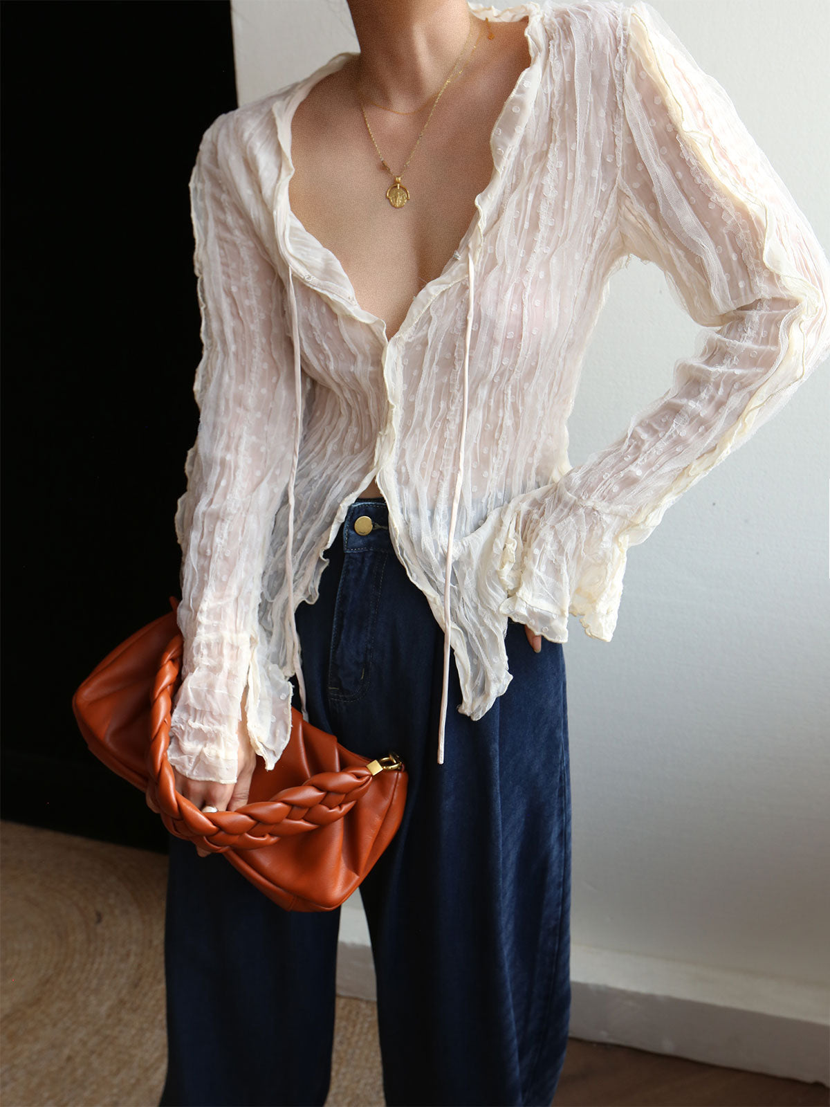 Chiffon Sheer Lettuce Trim Long Sleeve Blouse-Massicos