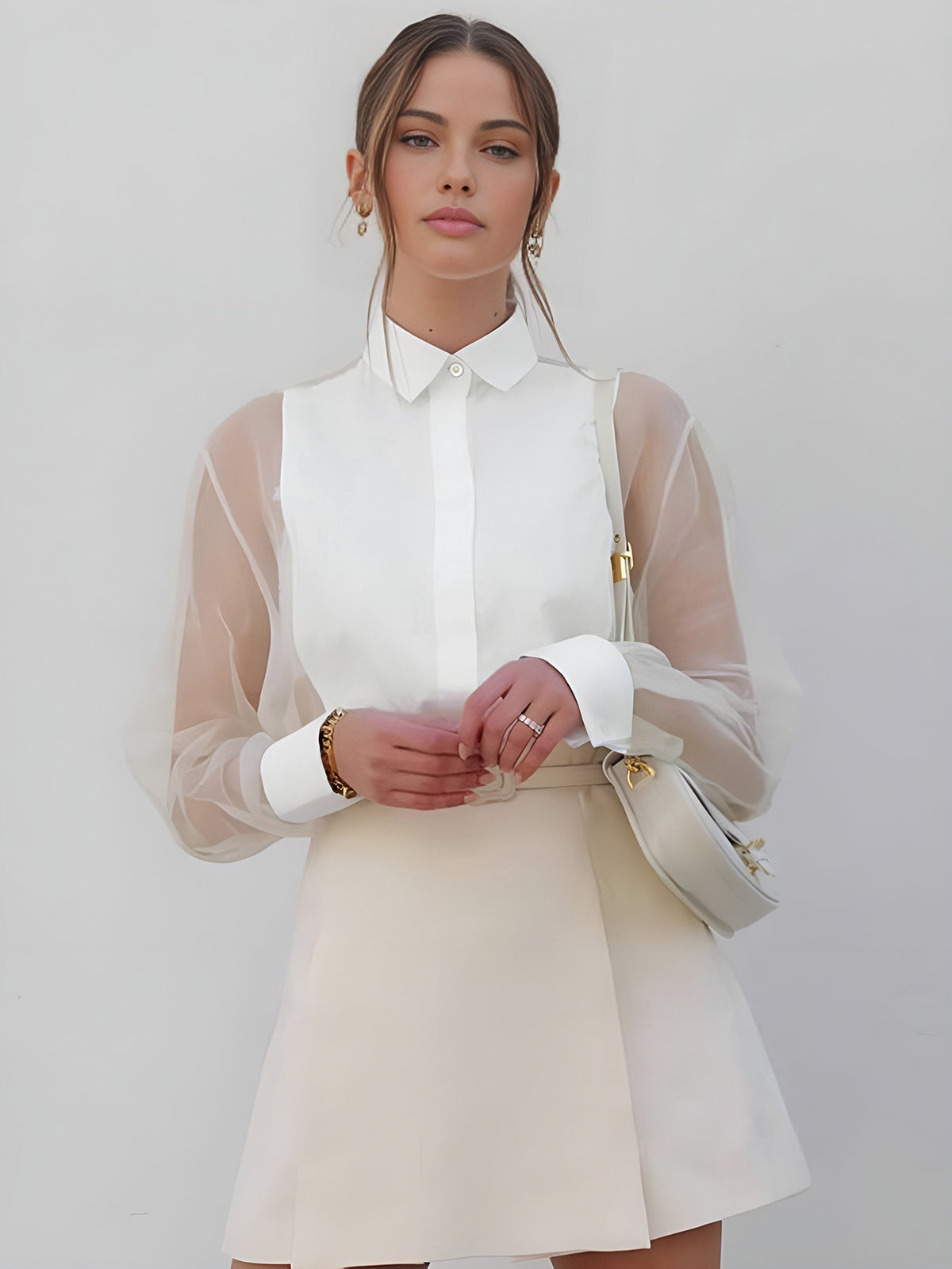 Semi-Sheer Puff Sleeve Organza Shirt-Massicos