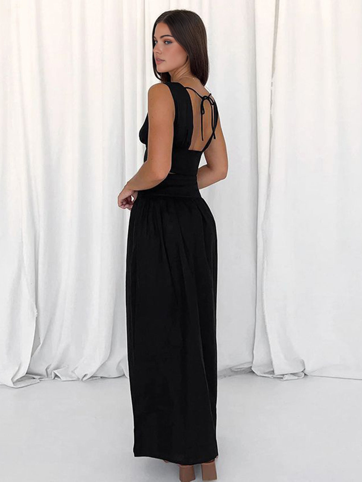 Solid Tie Knot V Neck Skirt Set-Massicos