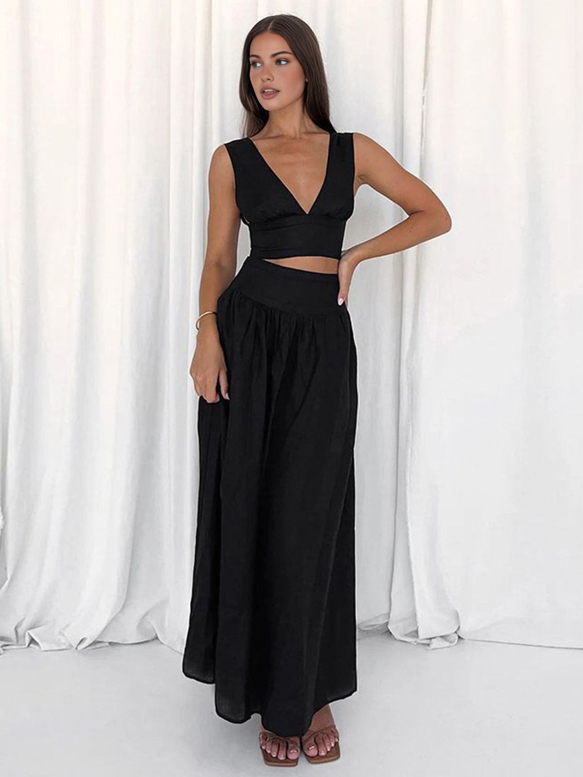 Solid Tie Knot V Neck Skirt Set-Massicos