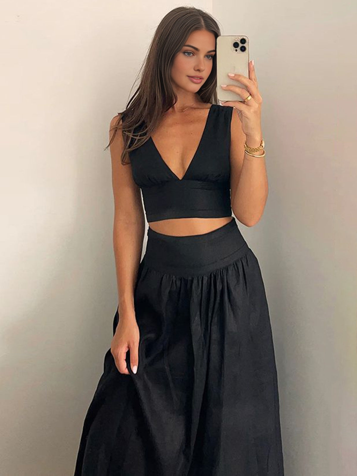 Solid Tie Knot V Neck Skirt Set-Massicos