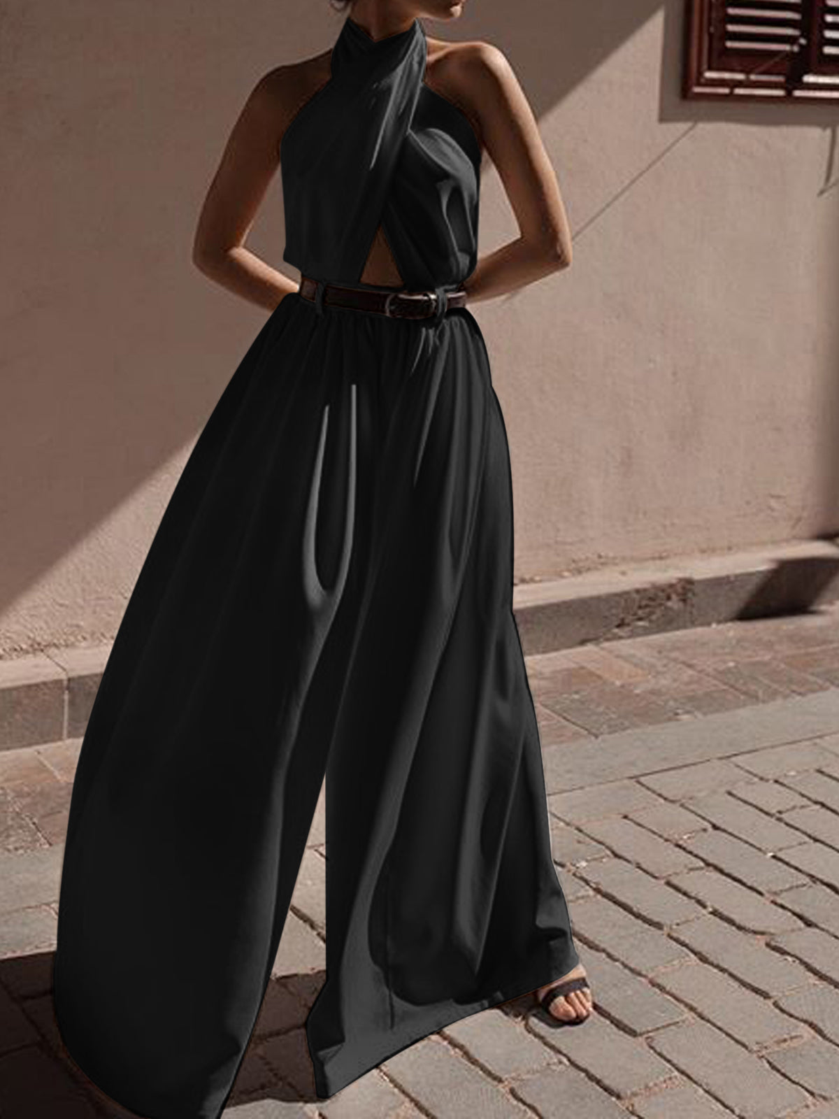 Criss Cross Halter Backless Jumpsuit Without Belt-Massicos