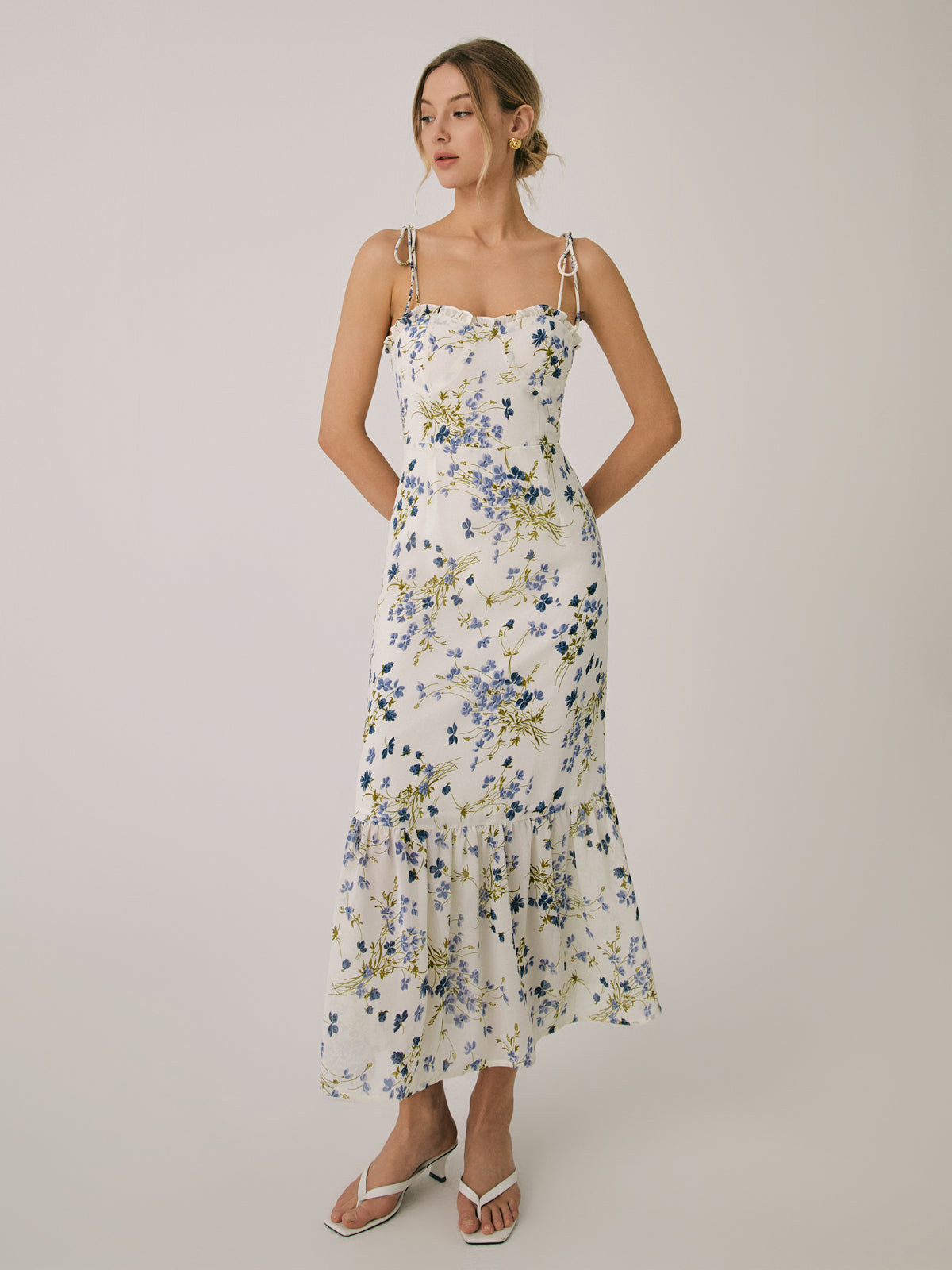 Ruffle Floral Print Cami Long Dress-Massicos
