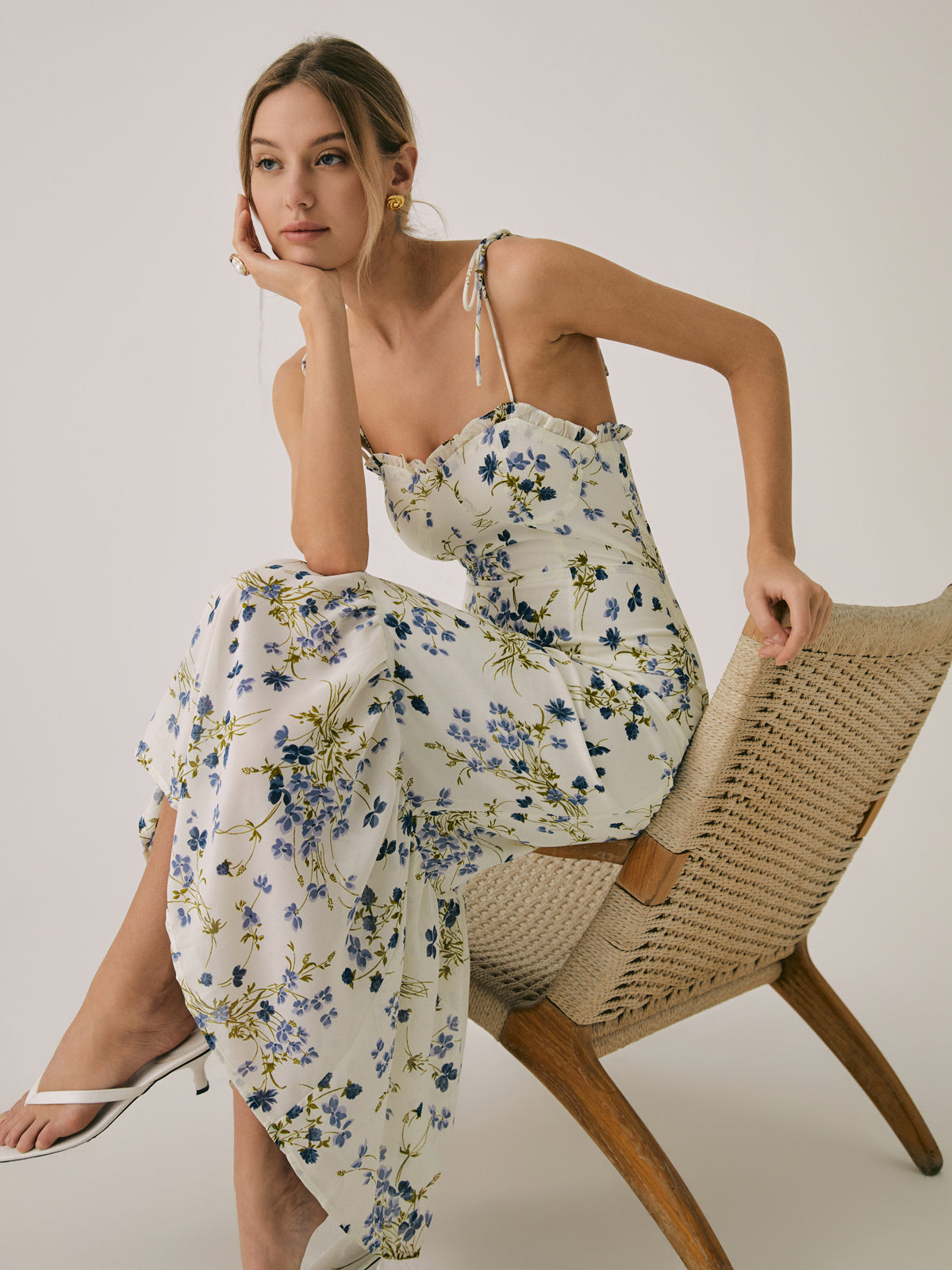 Ruffle Floral Print Cami Long Dress-Massicos
