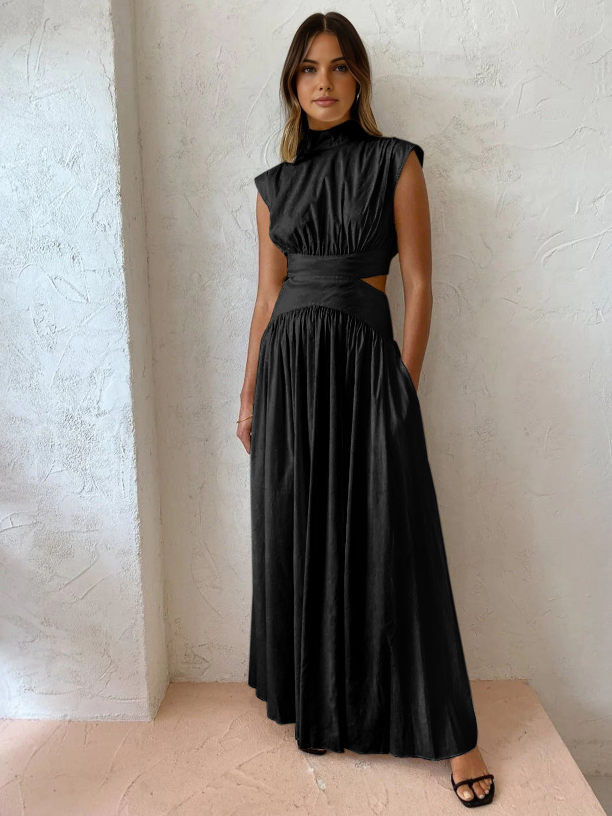 Mock Neck Cut Out Long Dress-Massicos