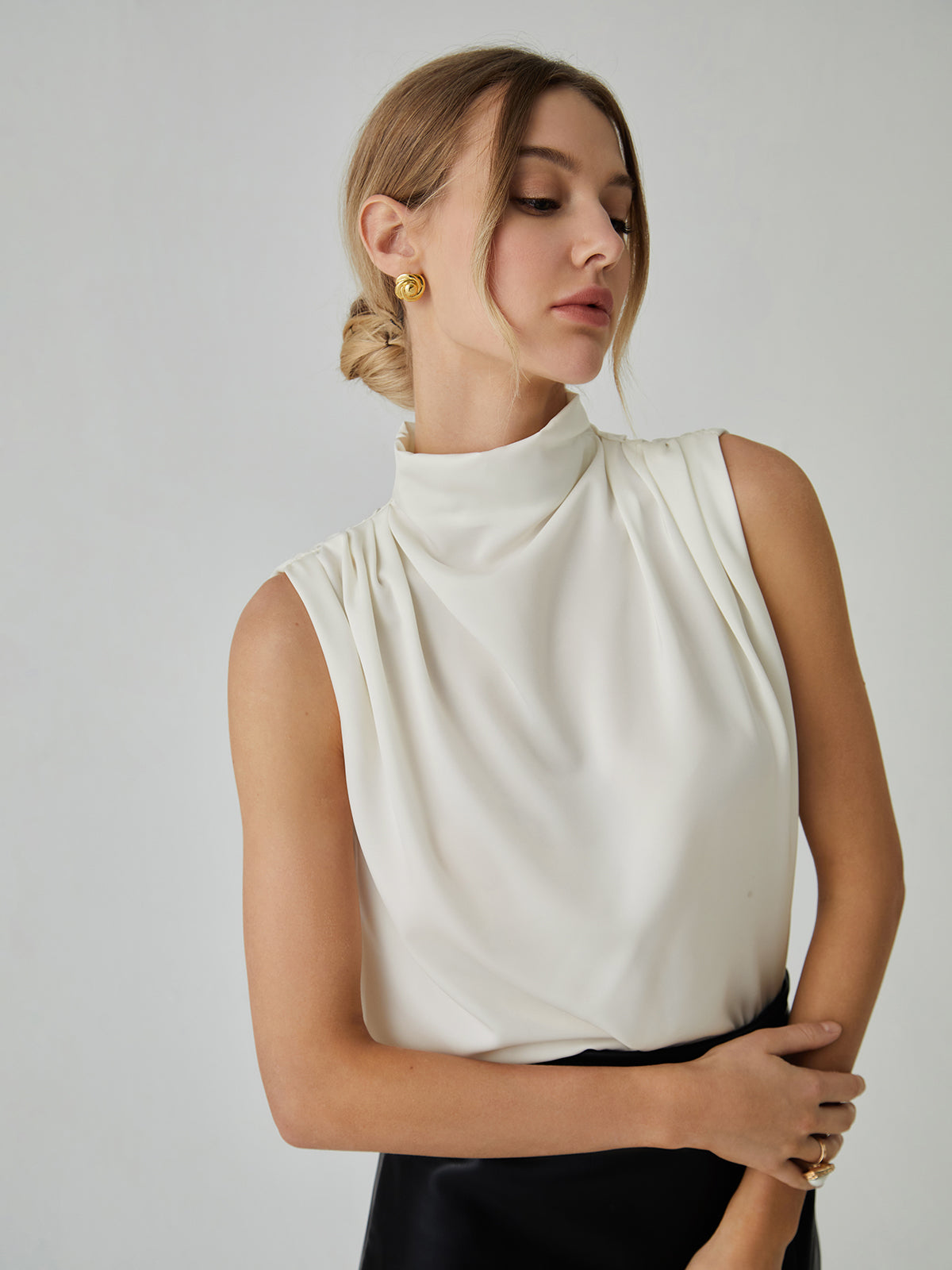 Pleated High Neck Sleeveless Blouse-Massicos