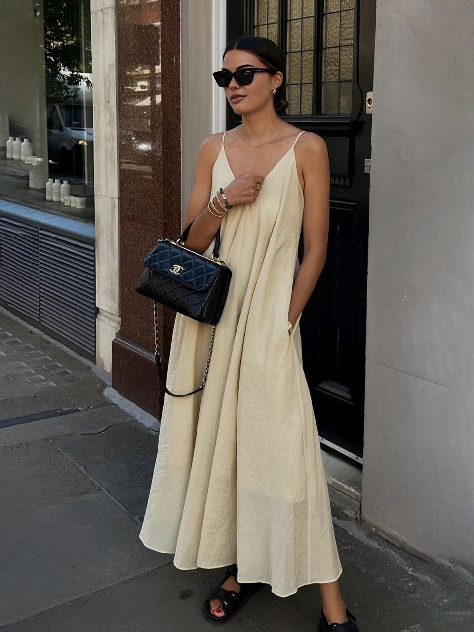 Double Layers V-neck Long Dress-Massicos