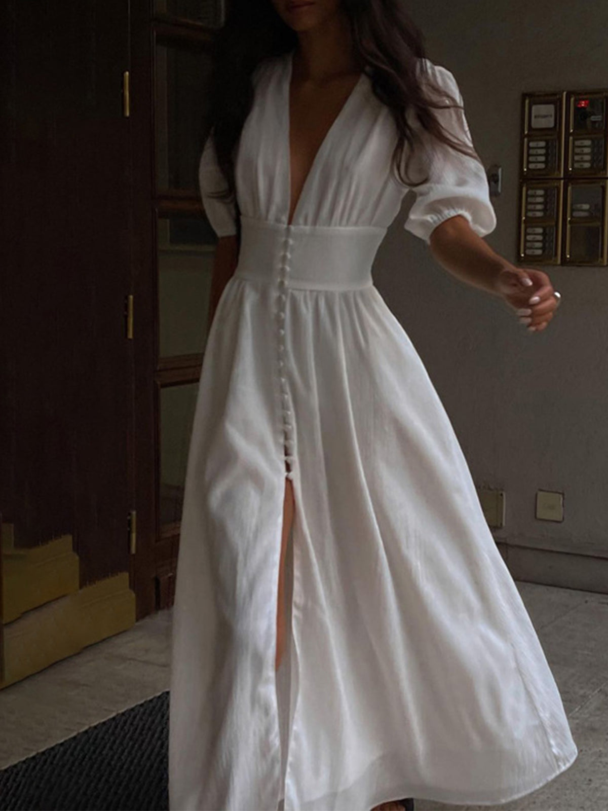 Frenchy  Button Split Long Dress-Massicos