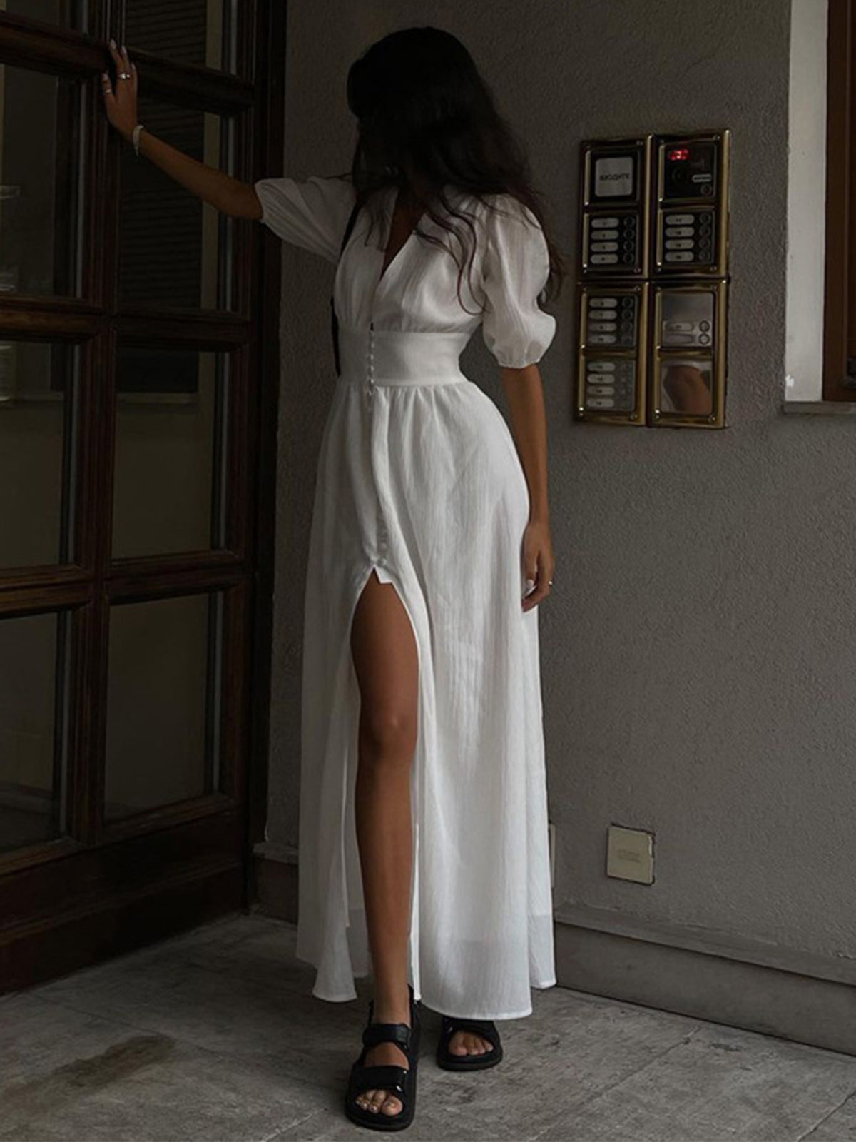 Frenchy  Button Split Long Dress-Massicos