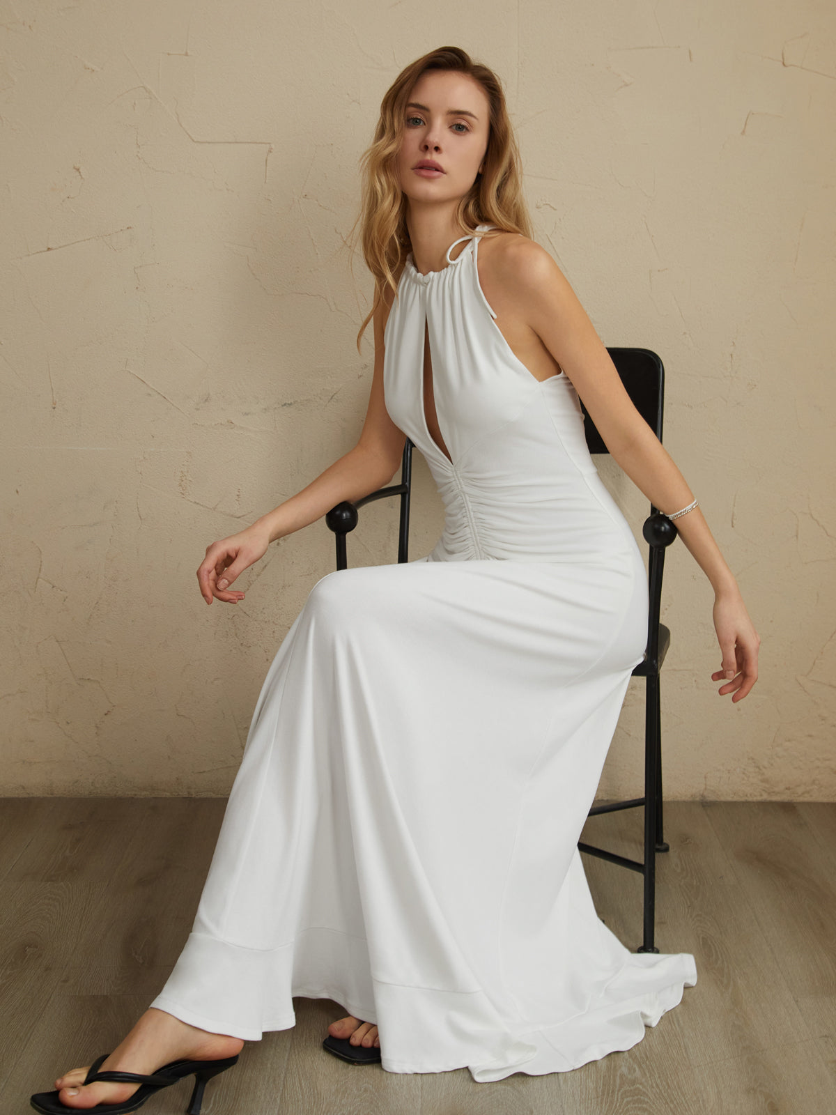 Lace Up Pleated Halter Long Dress-Massicos