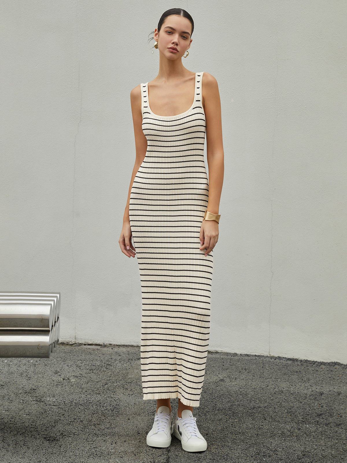 Old Money Aesthetics Stripe Long Knit Dress-Massicos