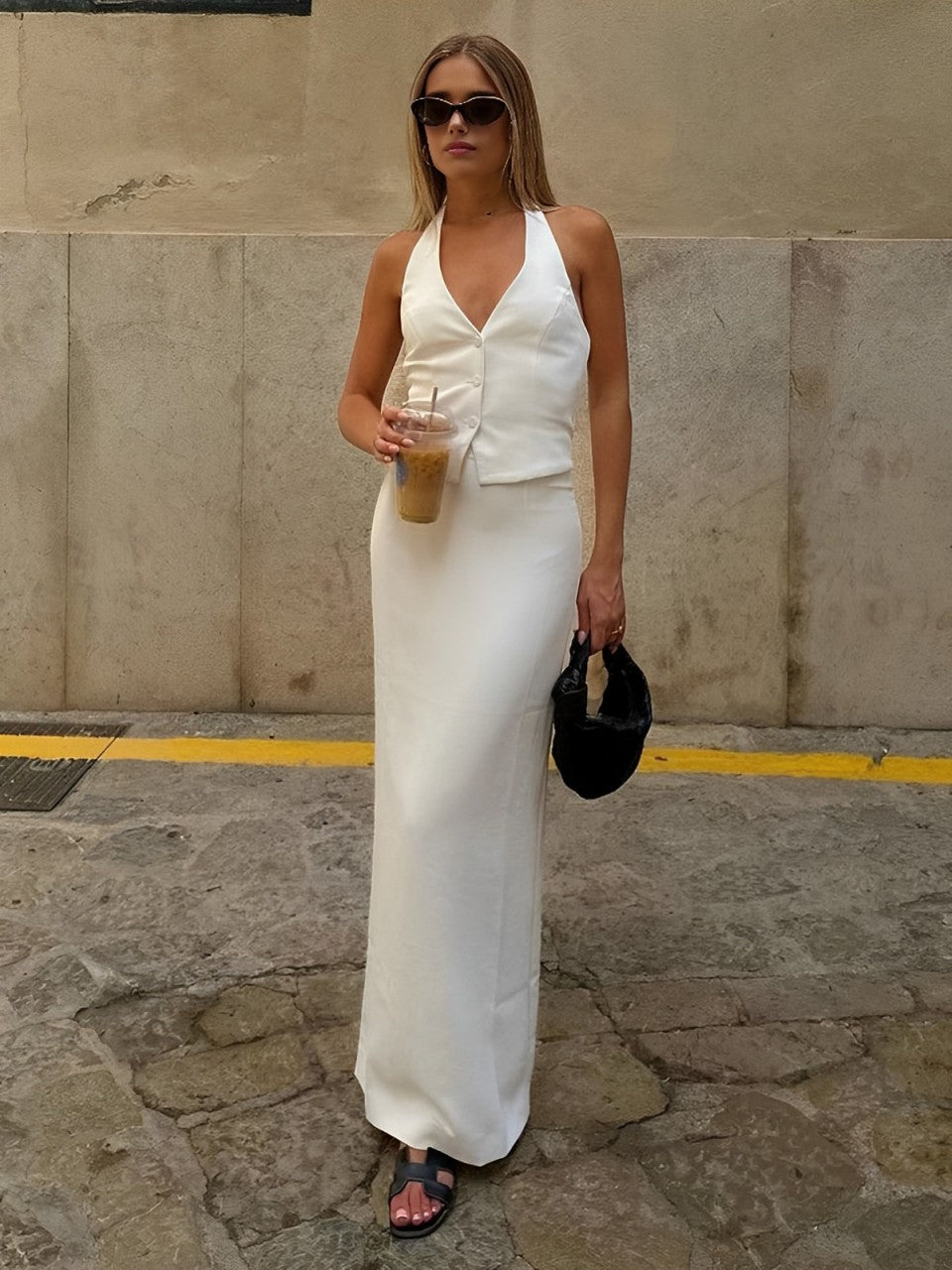 Solid V-Neck Backless Tie Up Halter & Split Maxi Skirt Set-Massicos