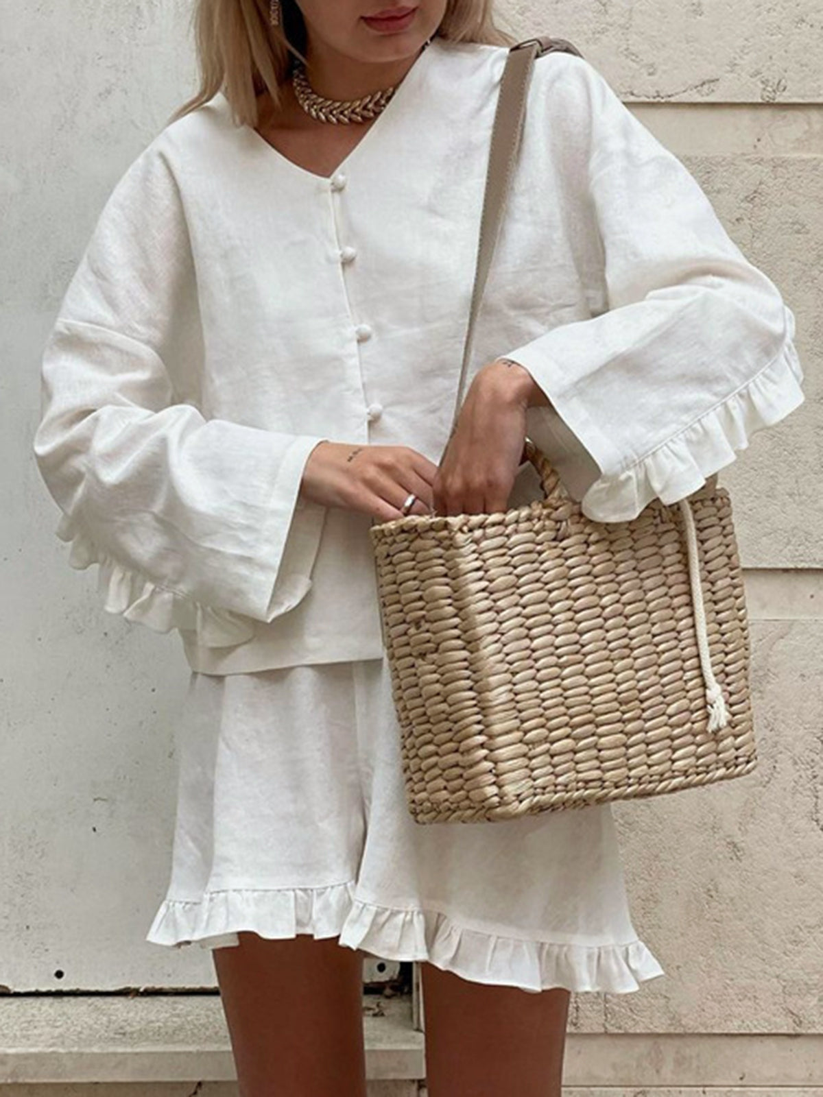Pure Cotton Ruffle Decor Shorts Set-Massicos