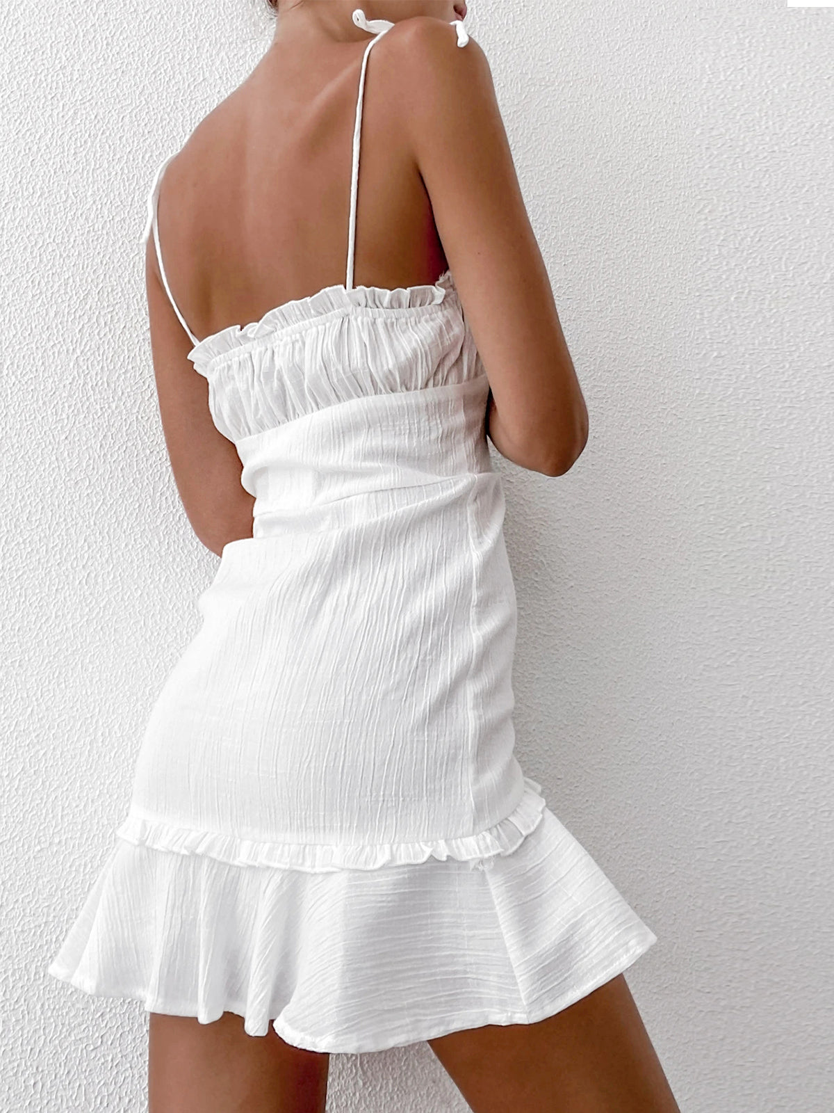 Sexy V-Neck Ruffle Skirt Tight Sling Short Dress-Massicos