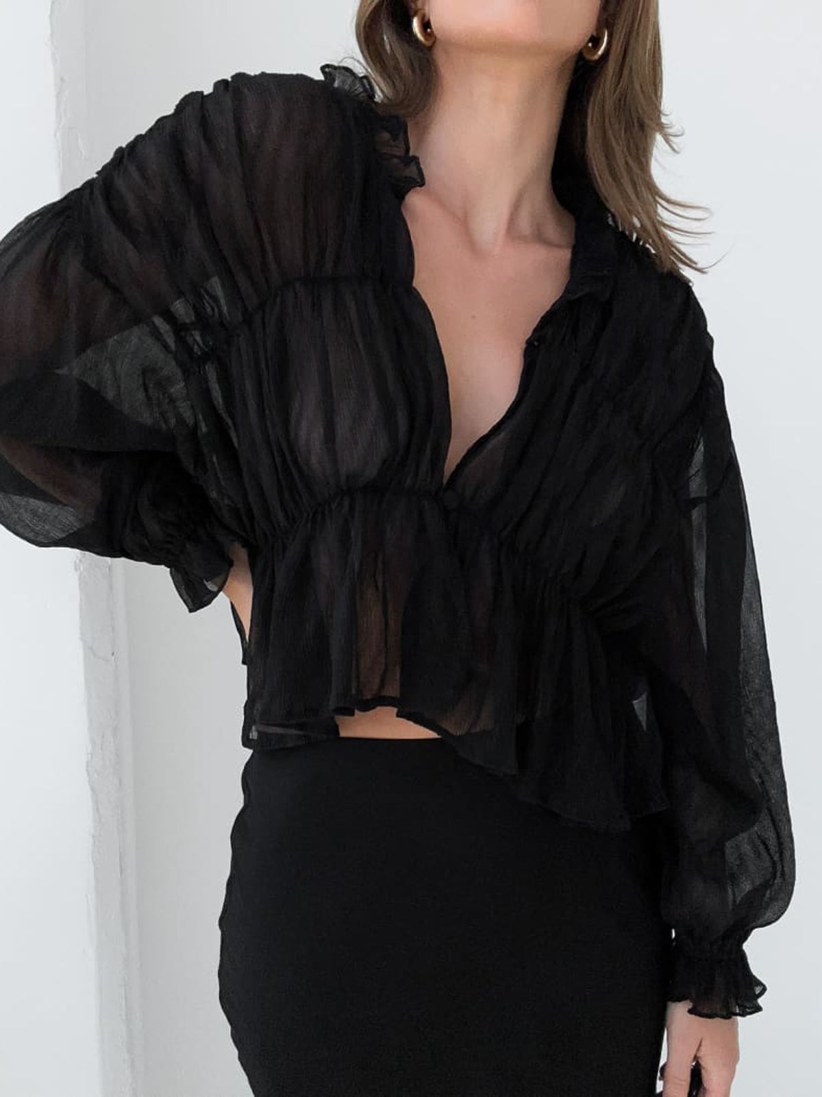 Sheer Chiffon Ruffle Detail Blouse-Massicos