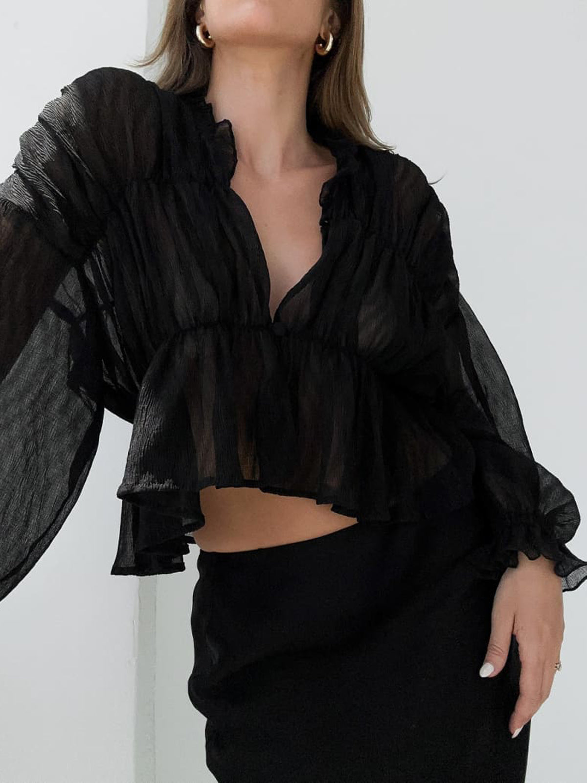 Sheer Chiffon Ruffle Detail Blouse-Massicos