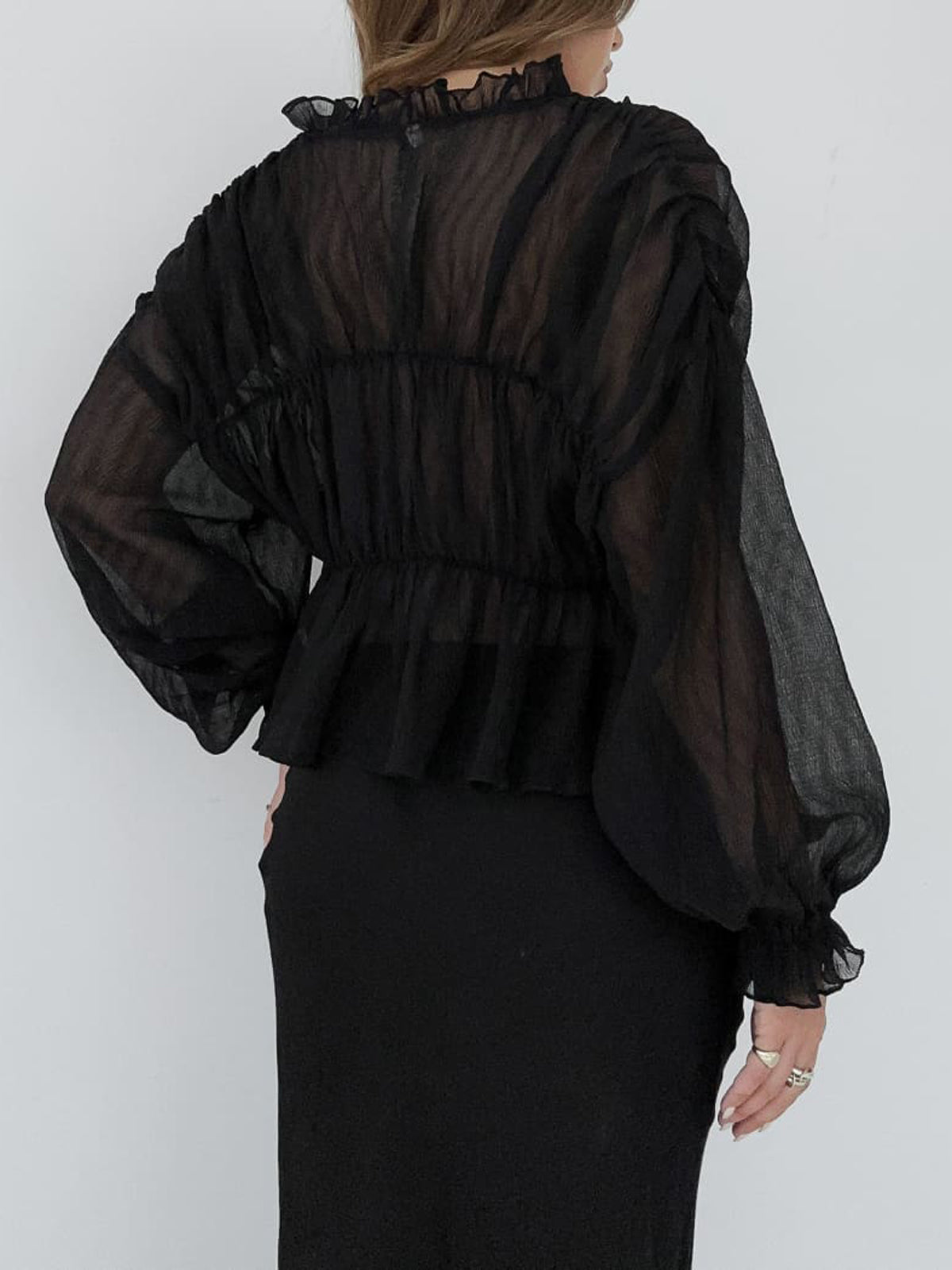 Sheer Chiffon Ruffle Detail Blouse-Massicos