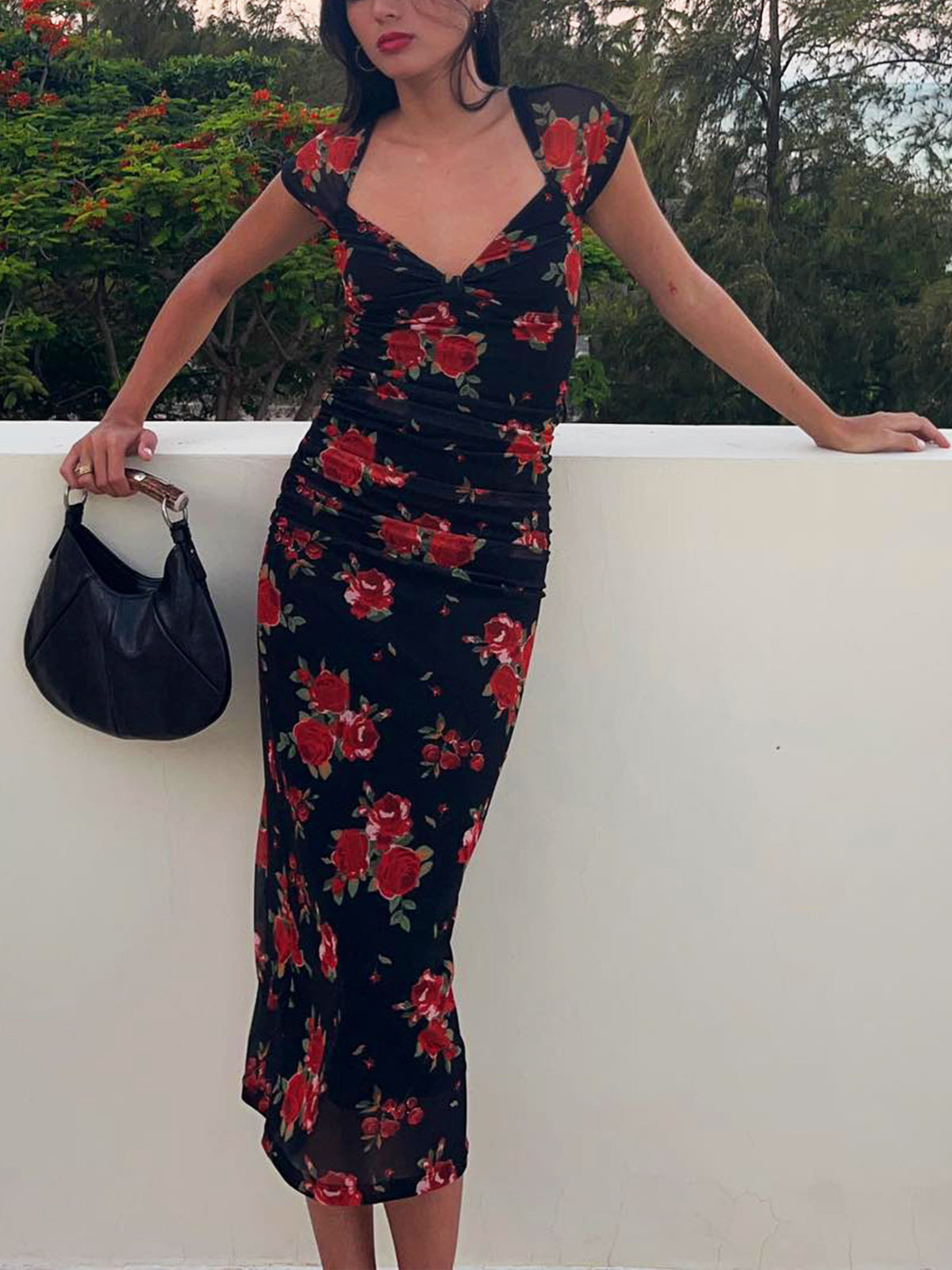 Semi-Sheer Floral Print Ruched Side Midi Dress-Massicos