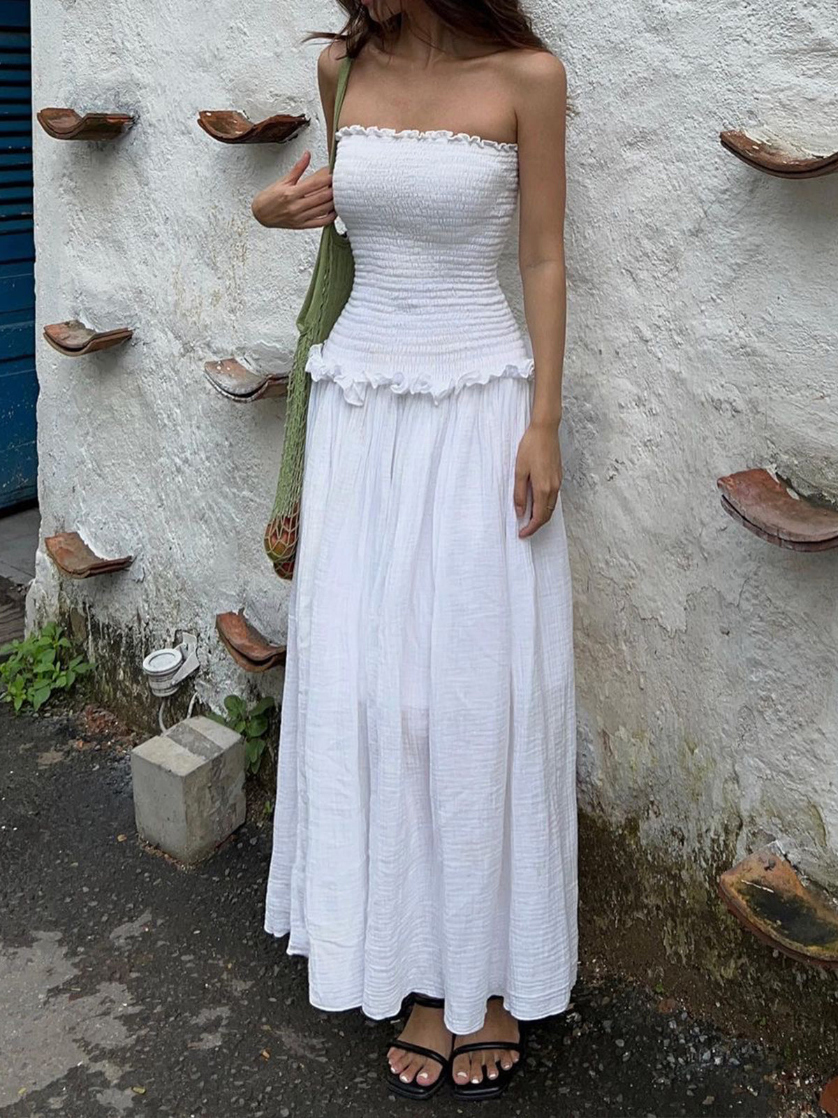 Cotton Blends Shirred Tube Long Dress-Massicos