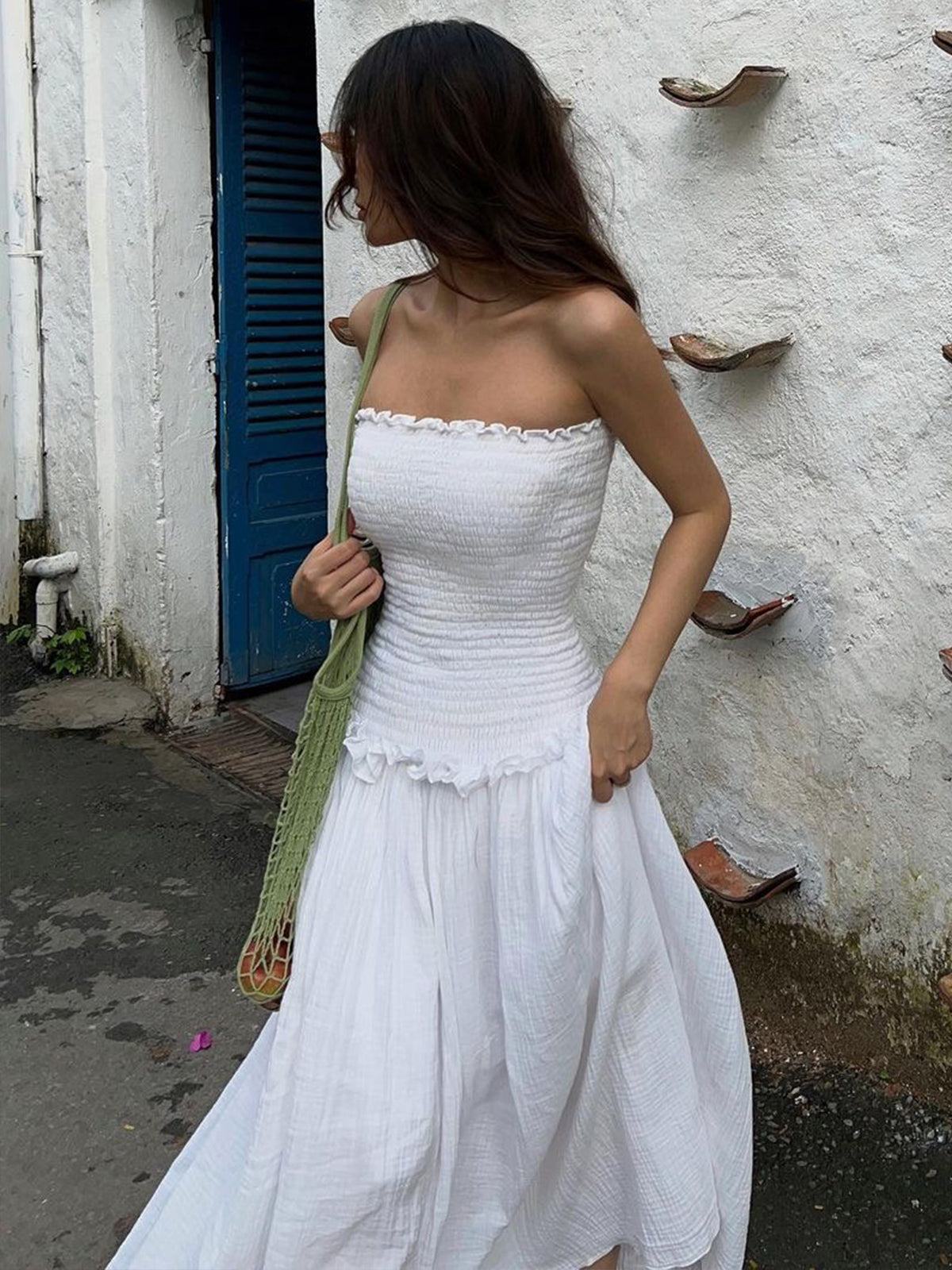 Cotton Blends Shirred Tube Long Dress-Massicos