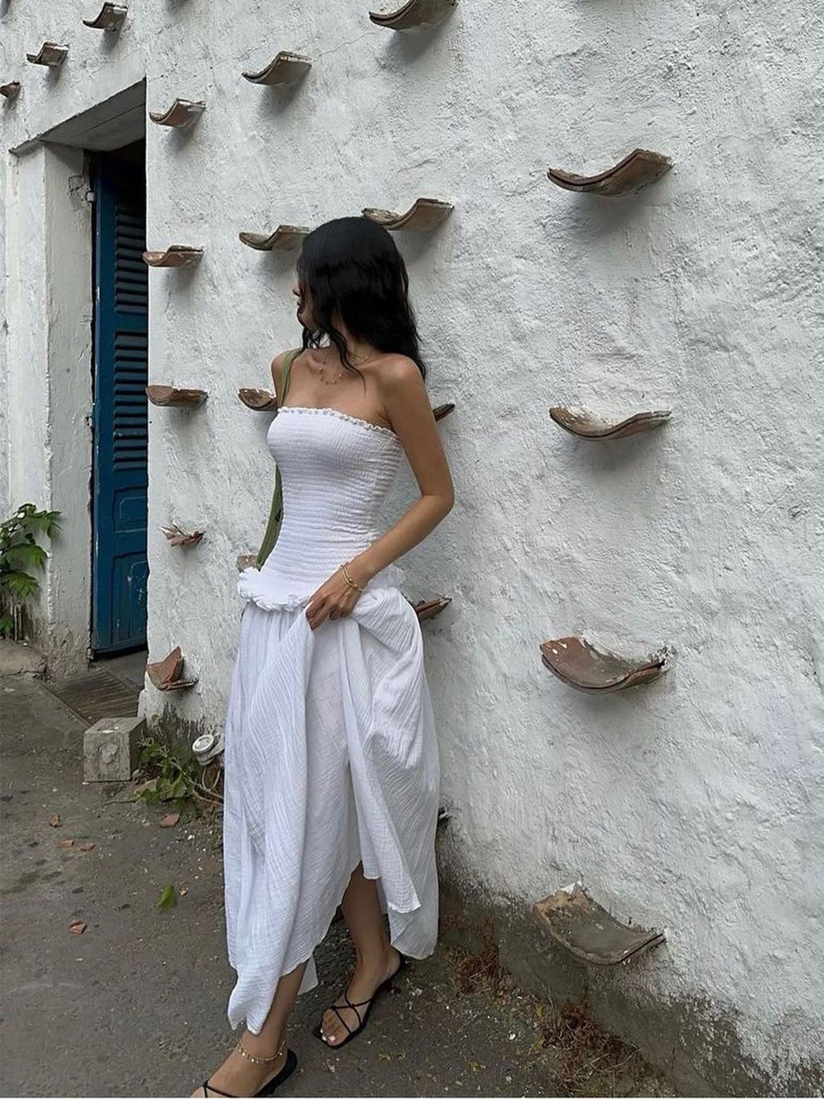 Cotton Blends Shirred Tube Long Dress-Massicos