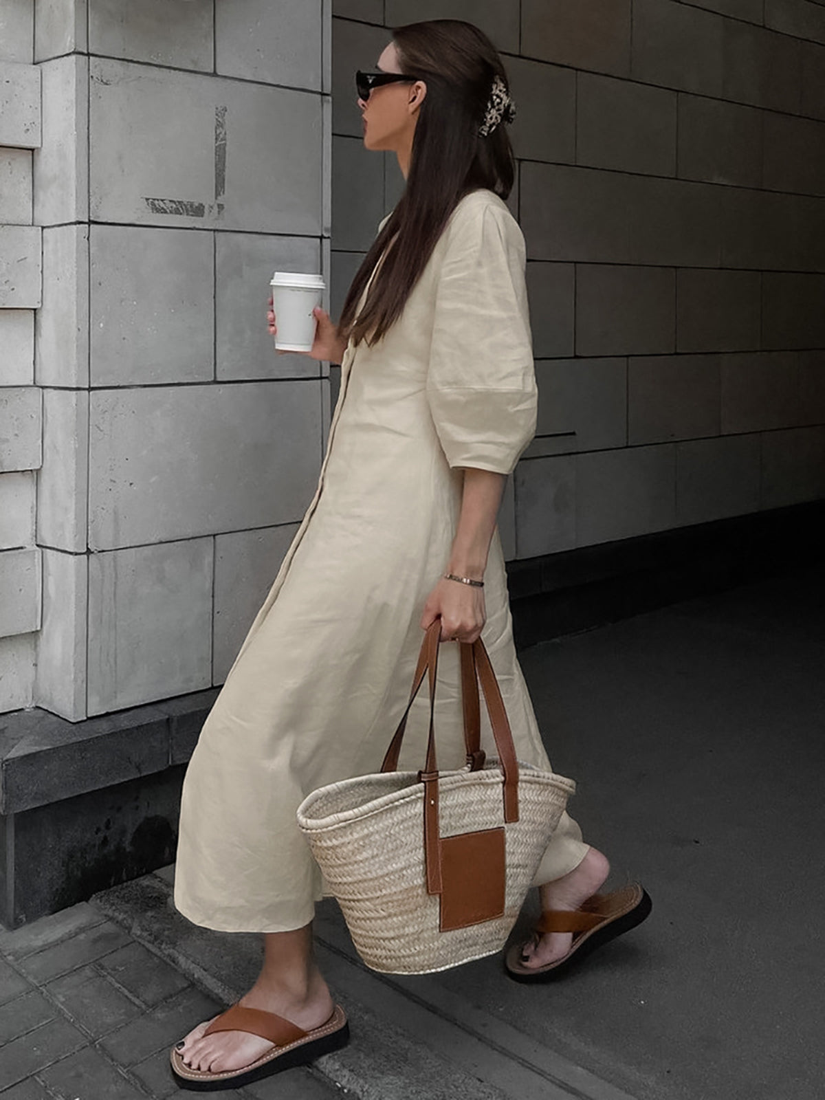Cotton & Linen Button-Front Knotted Long Dress-Massicos