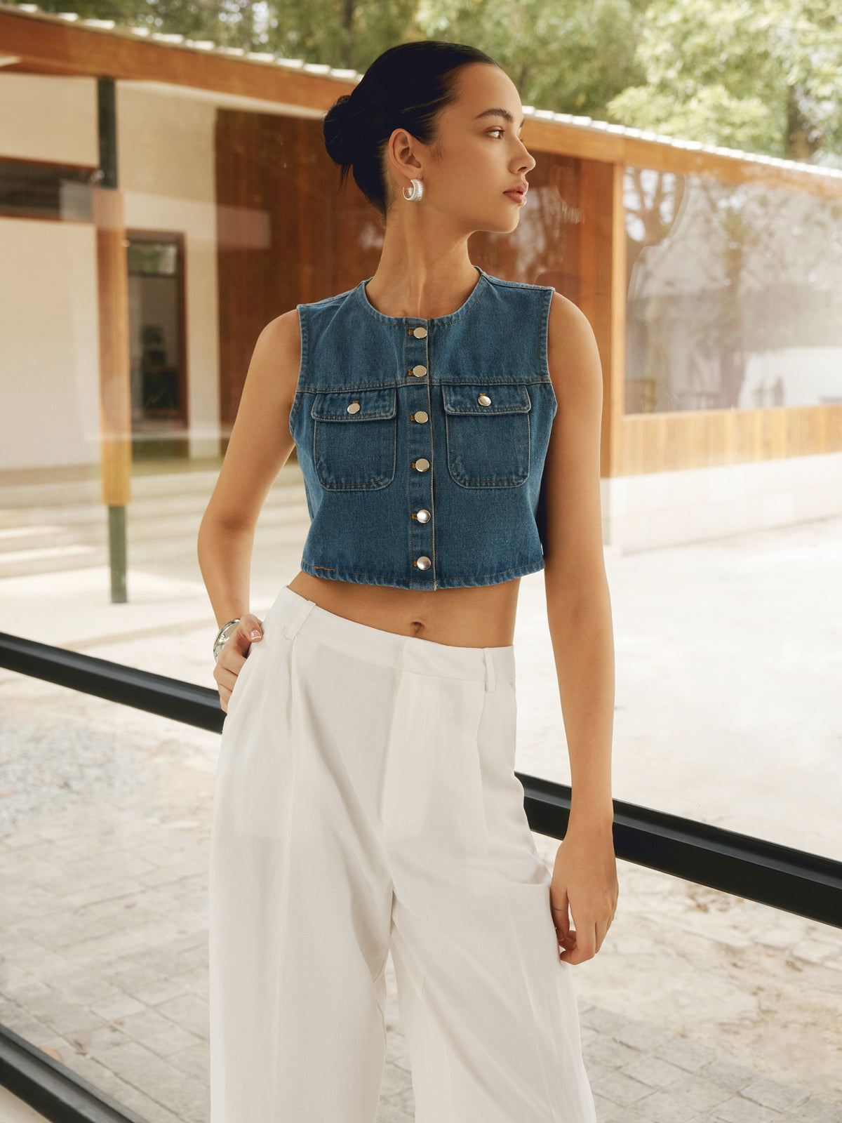 Button Front Double Pockets Denim Top-Massicos