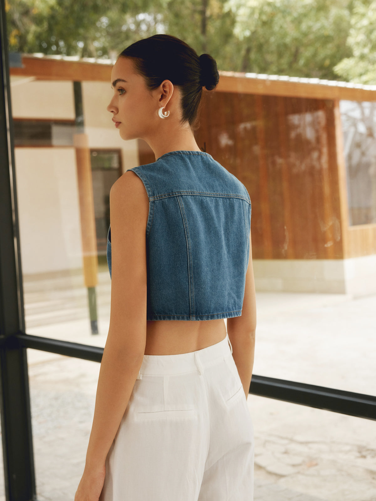 Button Front Double Pockets Denim Top-Massicos