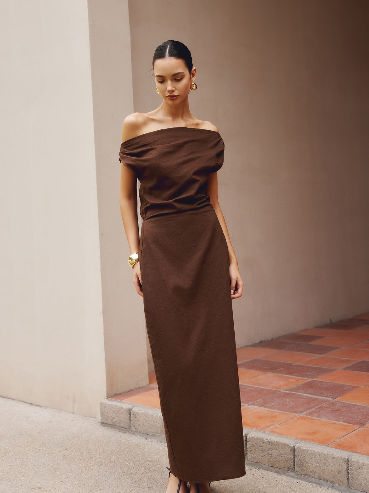 Cotton & Linen Asymmetrical Neck Dress-Massicos