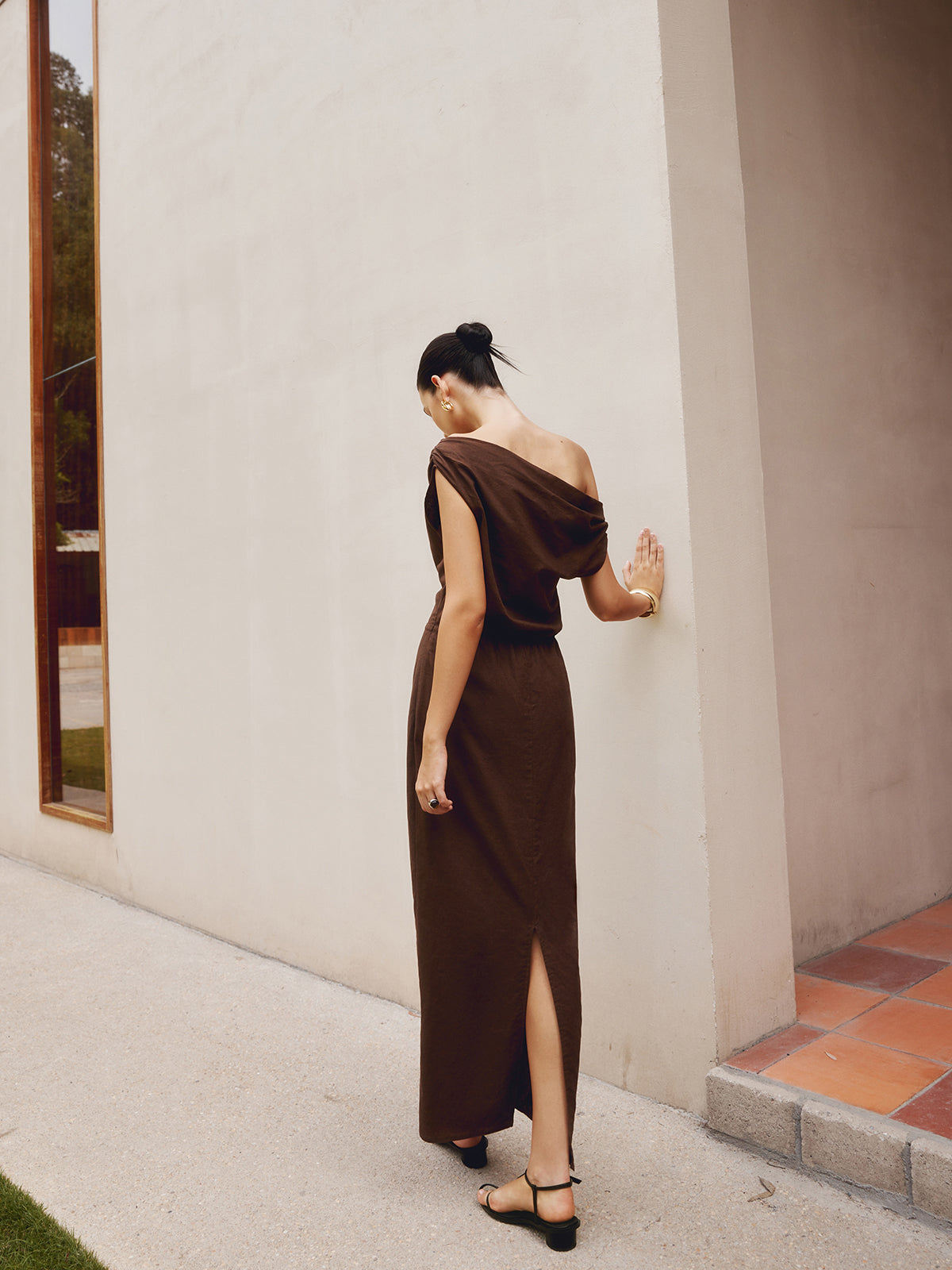 Cotton & Linen Asymmetrical Neck Dress-Massicos