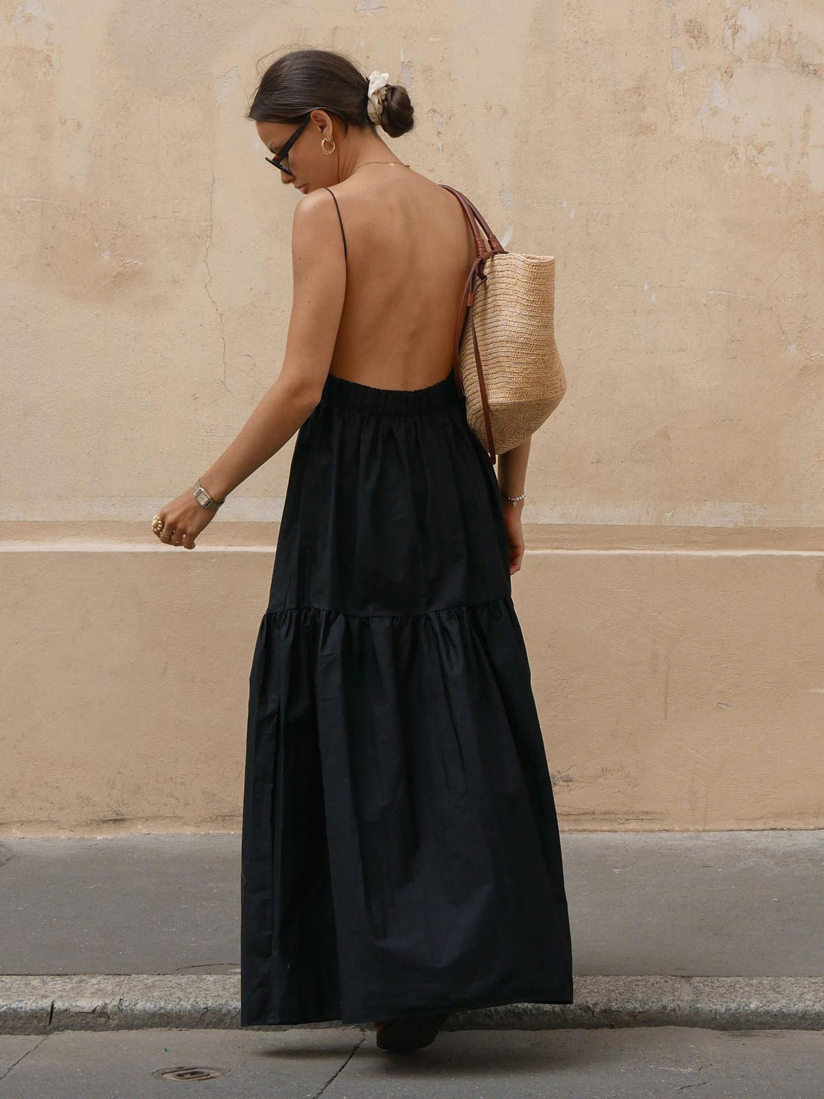 Solid Backless Long Dress-Massicos