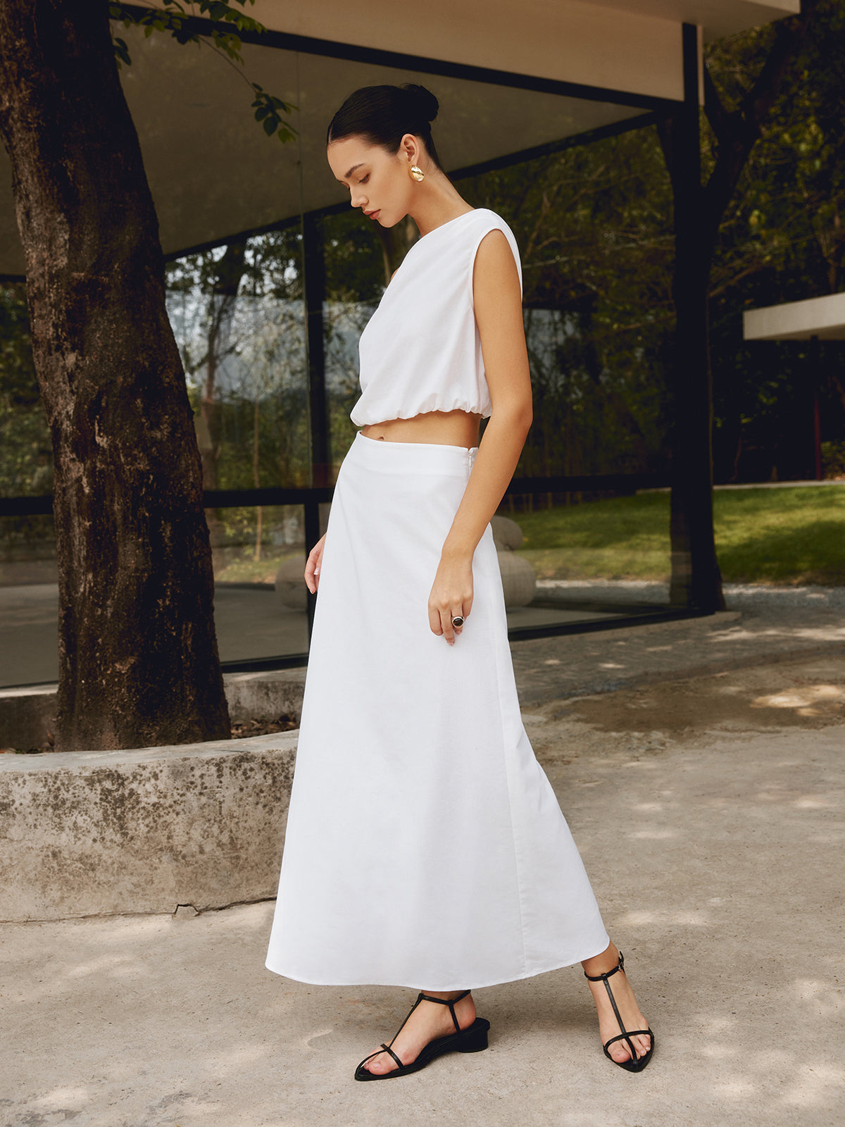 Cotton & Linen Solid Maxi Skirt-Massicos
