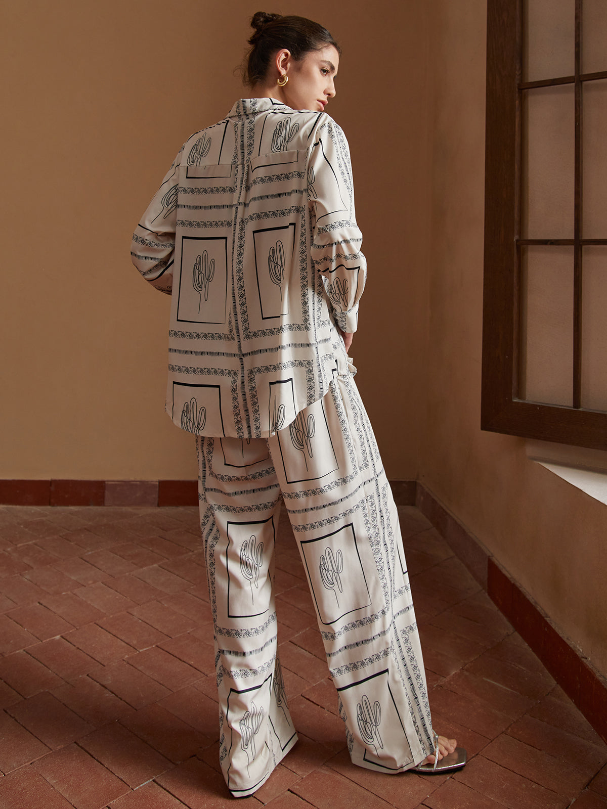 Satin Cactus Print Pants Set-Massicos