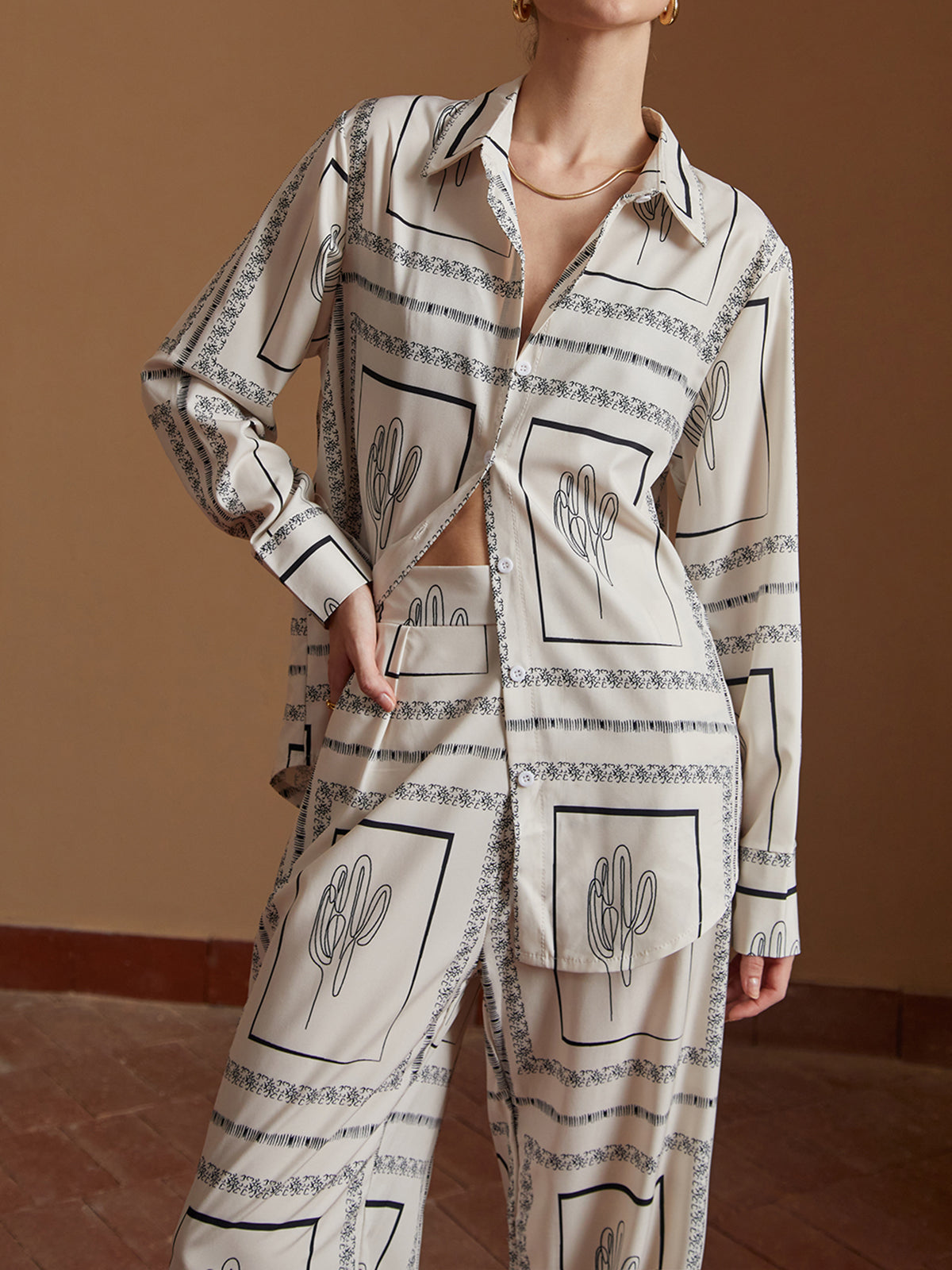 Satin Cactus Print Pants Set-Massicos