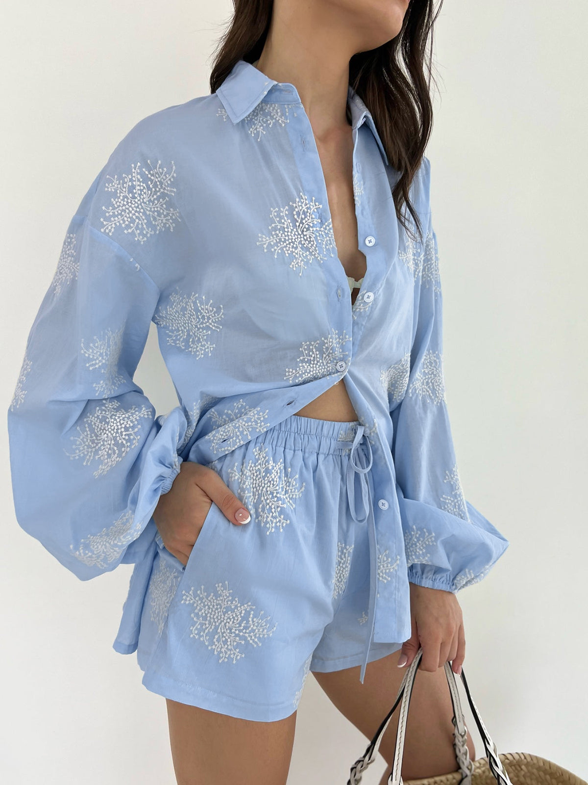 Semi-Sheer Plant Embroidery Casual Shorts Set-Massicos