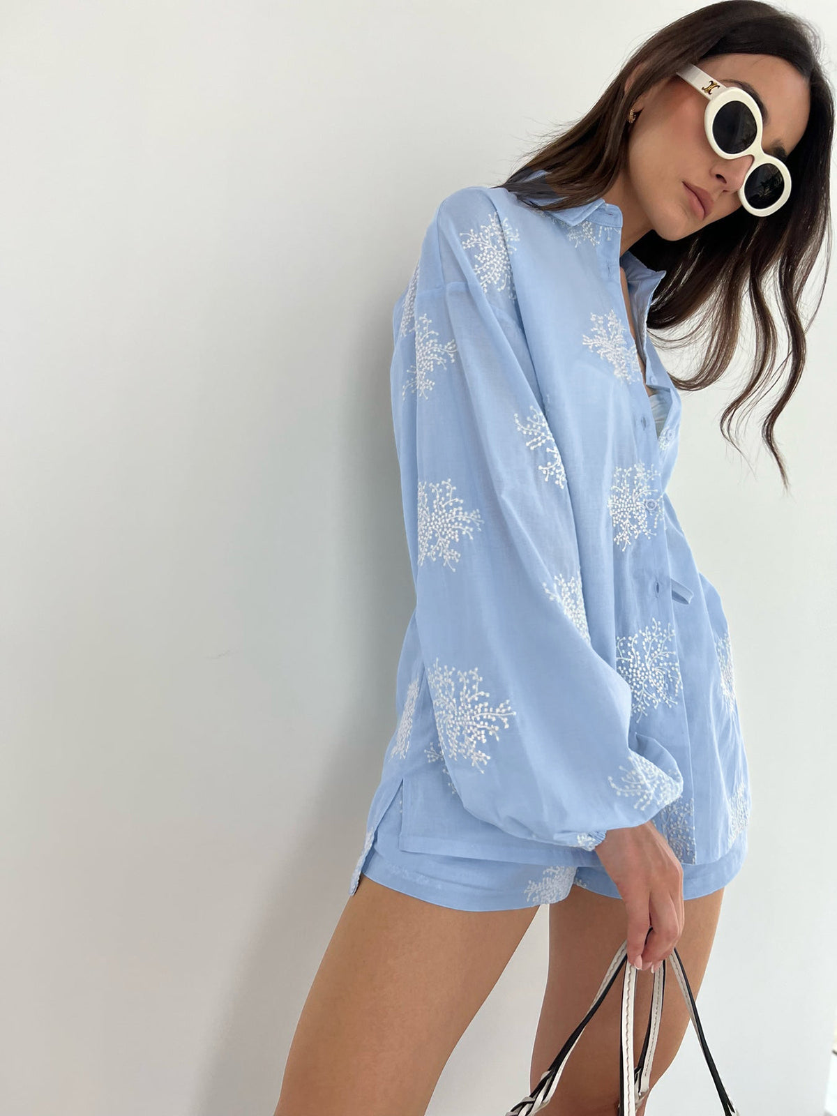 Semi-Sheer Plant Embroidery Casual Shorts Set-Massicos