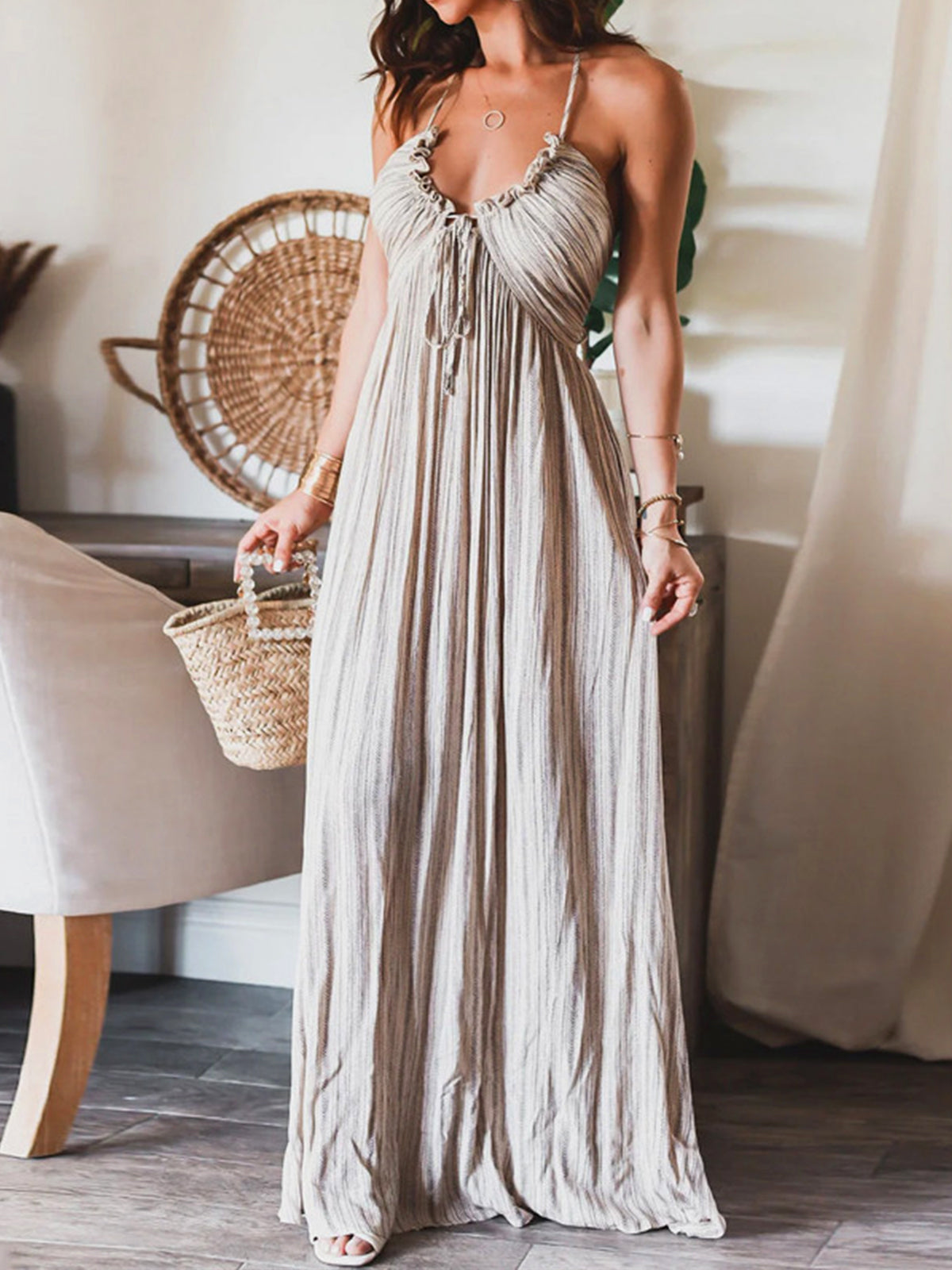 Backless U-Neck Halter Strap Long Dress-Massicos