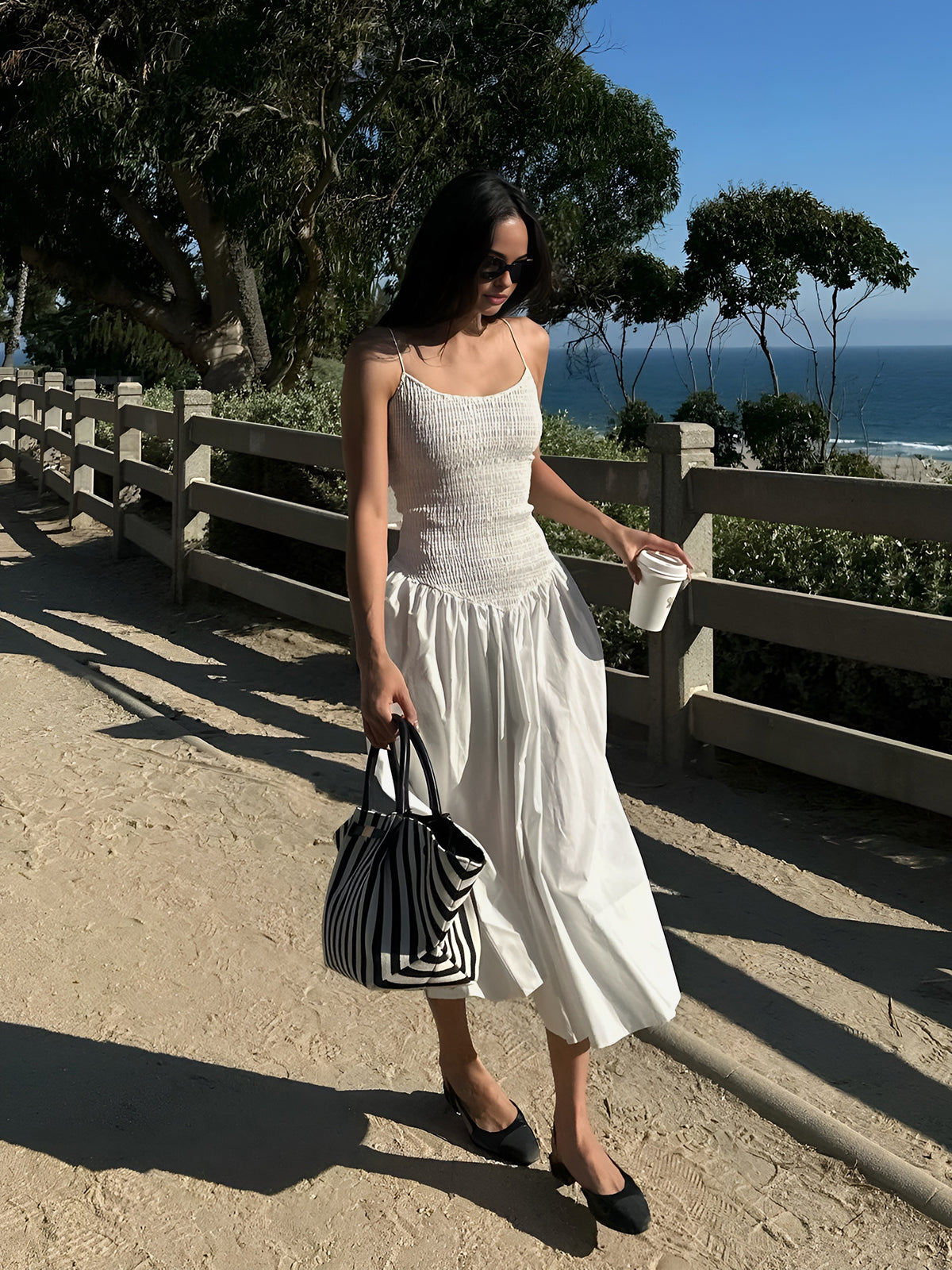 Cotton Blends Shirred Cami Midi Dress-Massicos