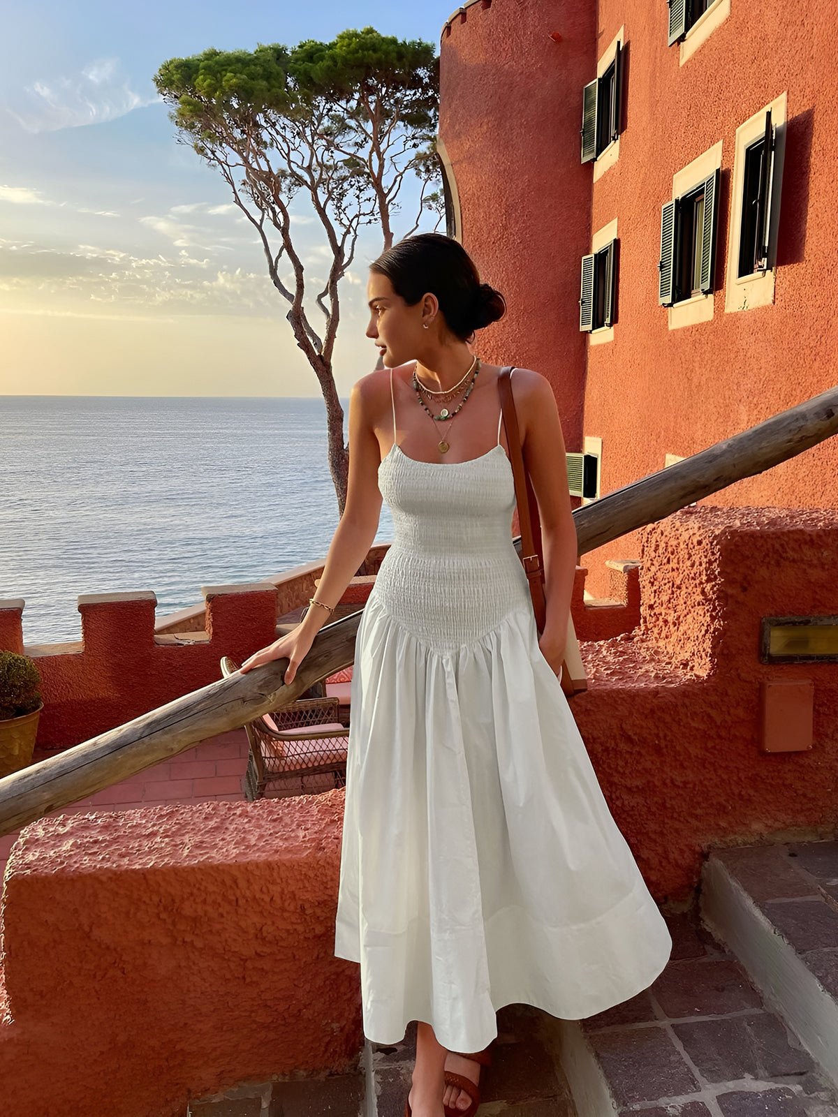 Cotton Blends Shirred Cami Midi Dress-Massicos