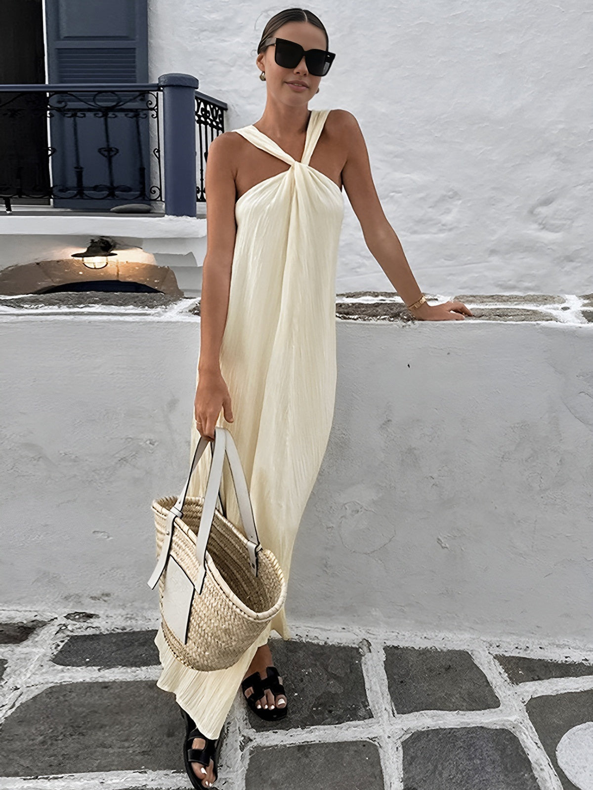 Creamy Halter Long Dress-Massicos
