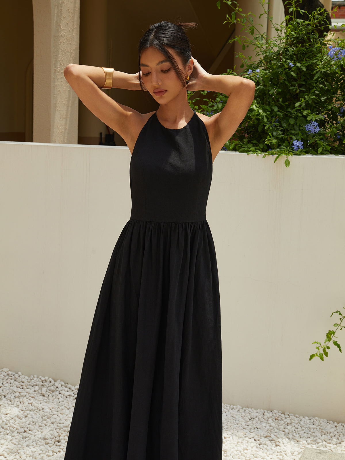 Solid Halter Long Dress-Massicos