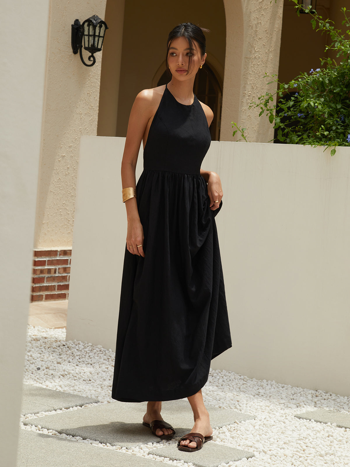 Solid Halter Long Dress-Massicos