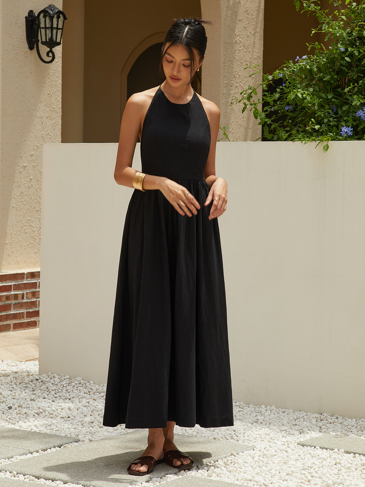 Solid Halter Long Dress-Massicos
