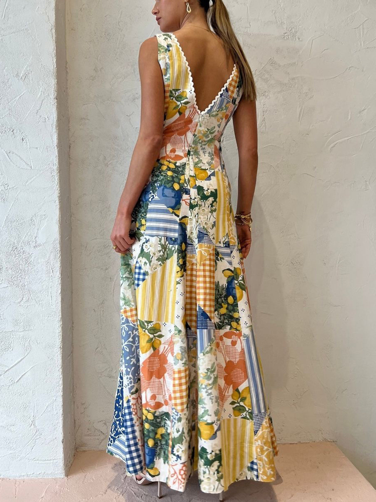 Lemonade Print Lace Trim Long Dress-Massicos