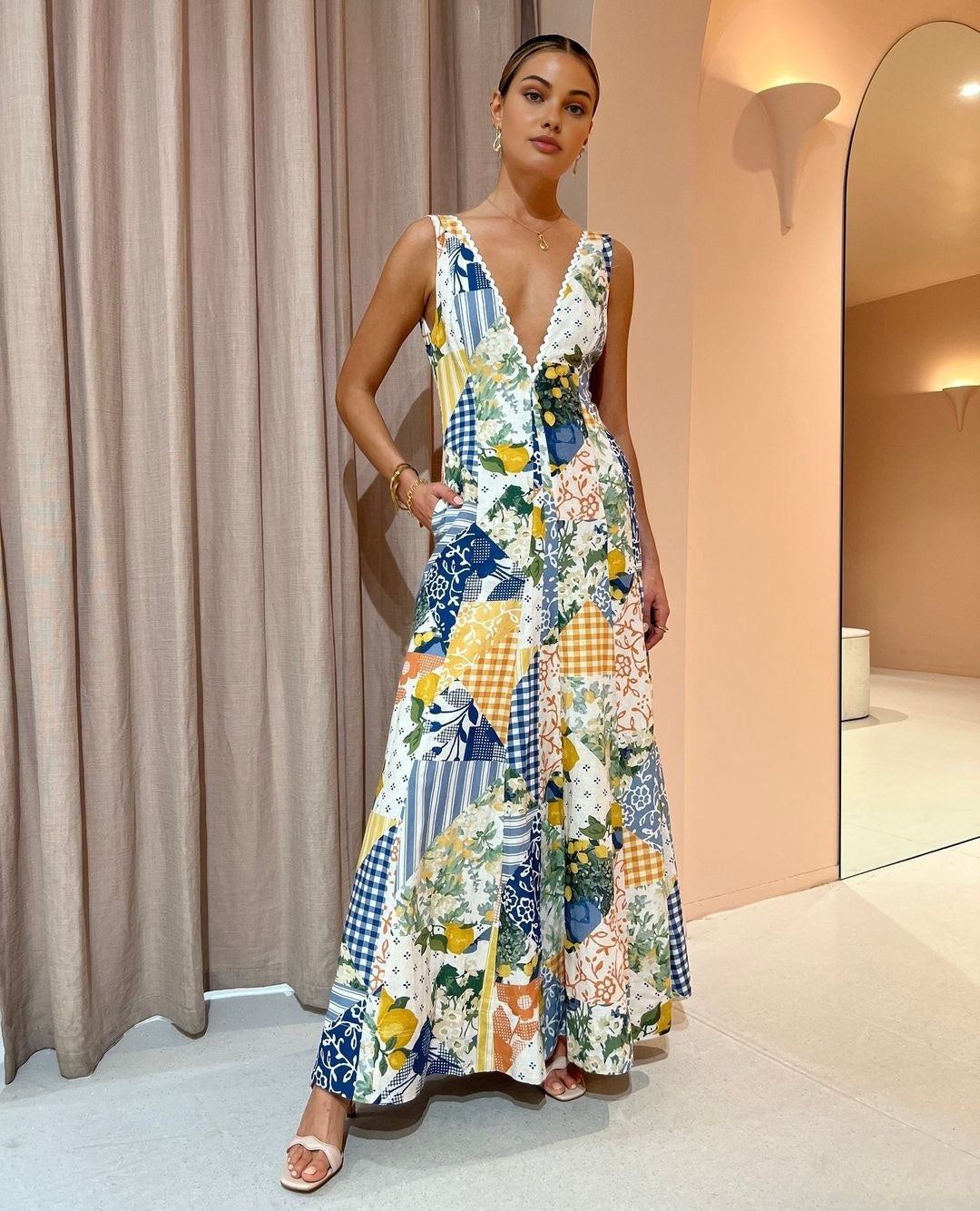 Lemonade Print Lace Trim Long Dress-Massicos