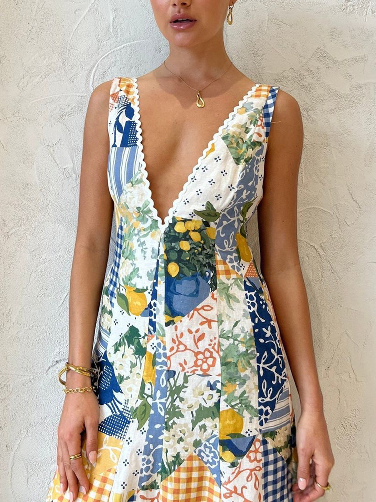 Lemonade Print Lace Trim Long Dress-Massicos