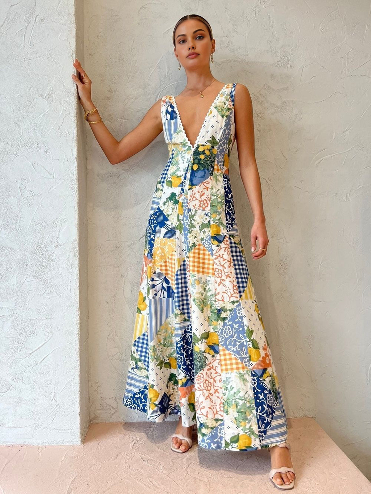 Lemonade Print Lace Trim Long Dress-Massicos