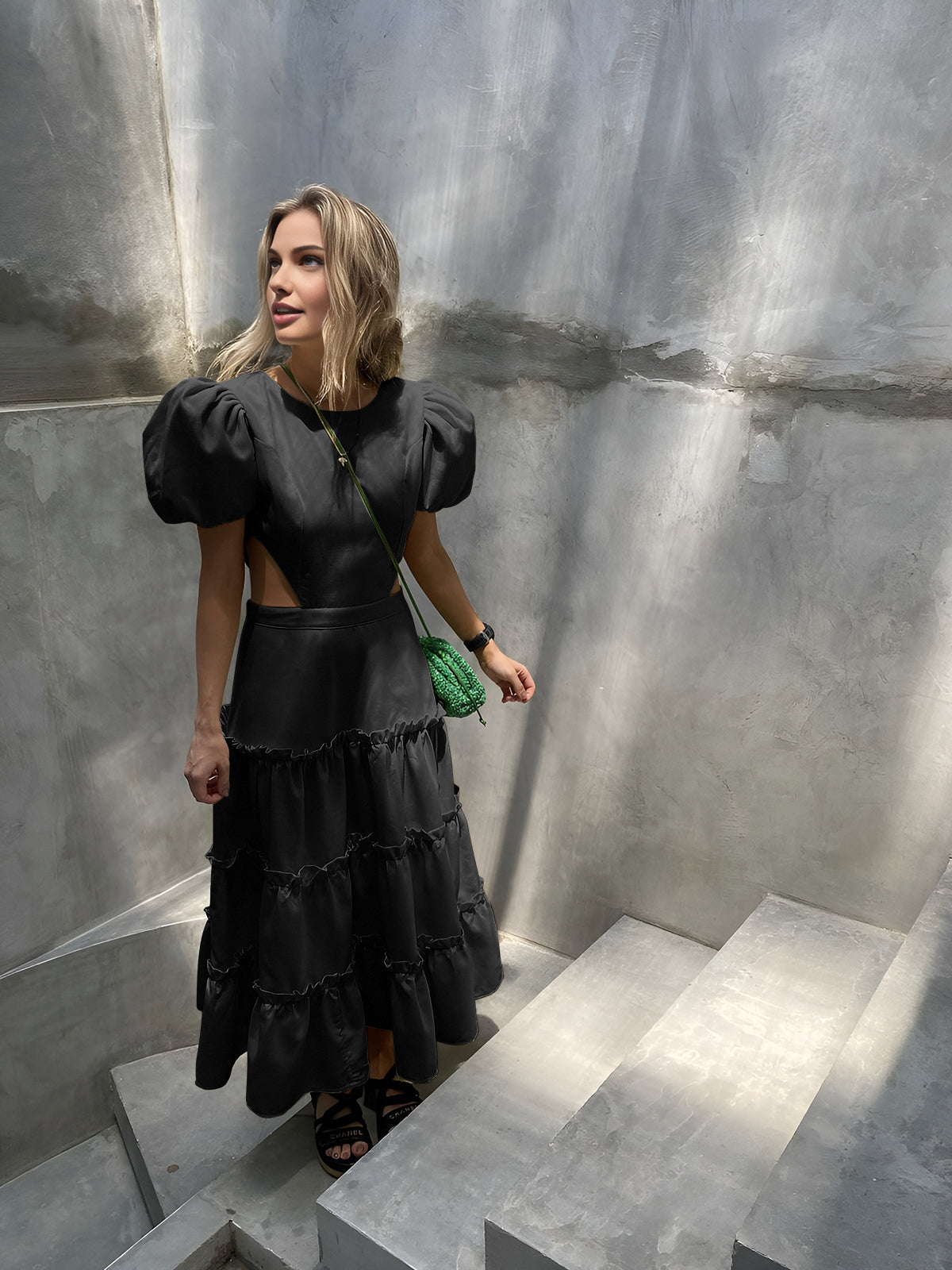 Puff Sleeve Cutout Long Dress-Massicos