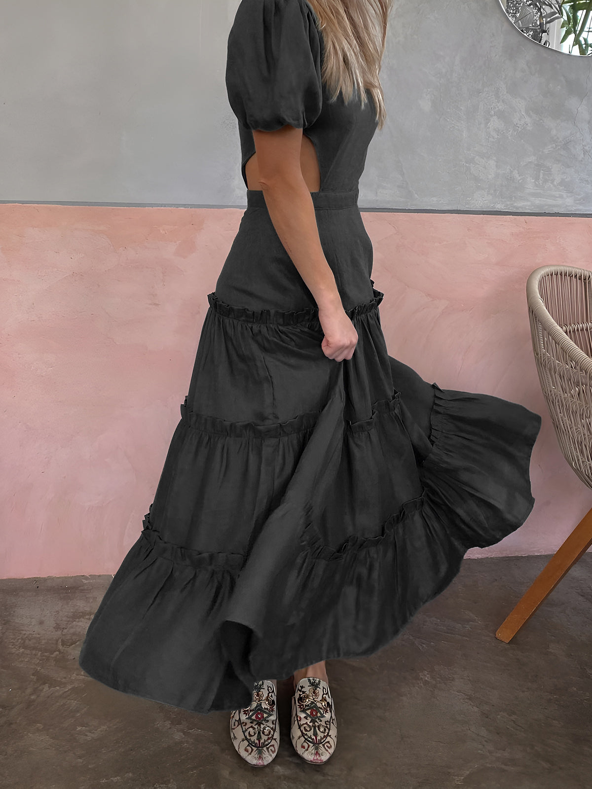 Puff Sleeve Cutout Long Dress-Massicos