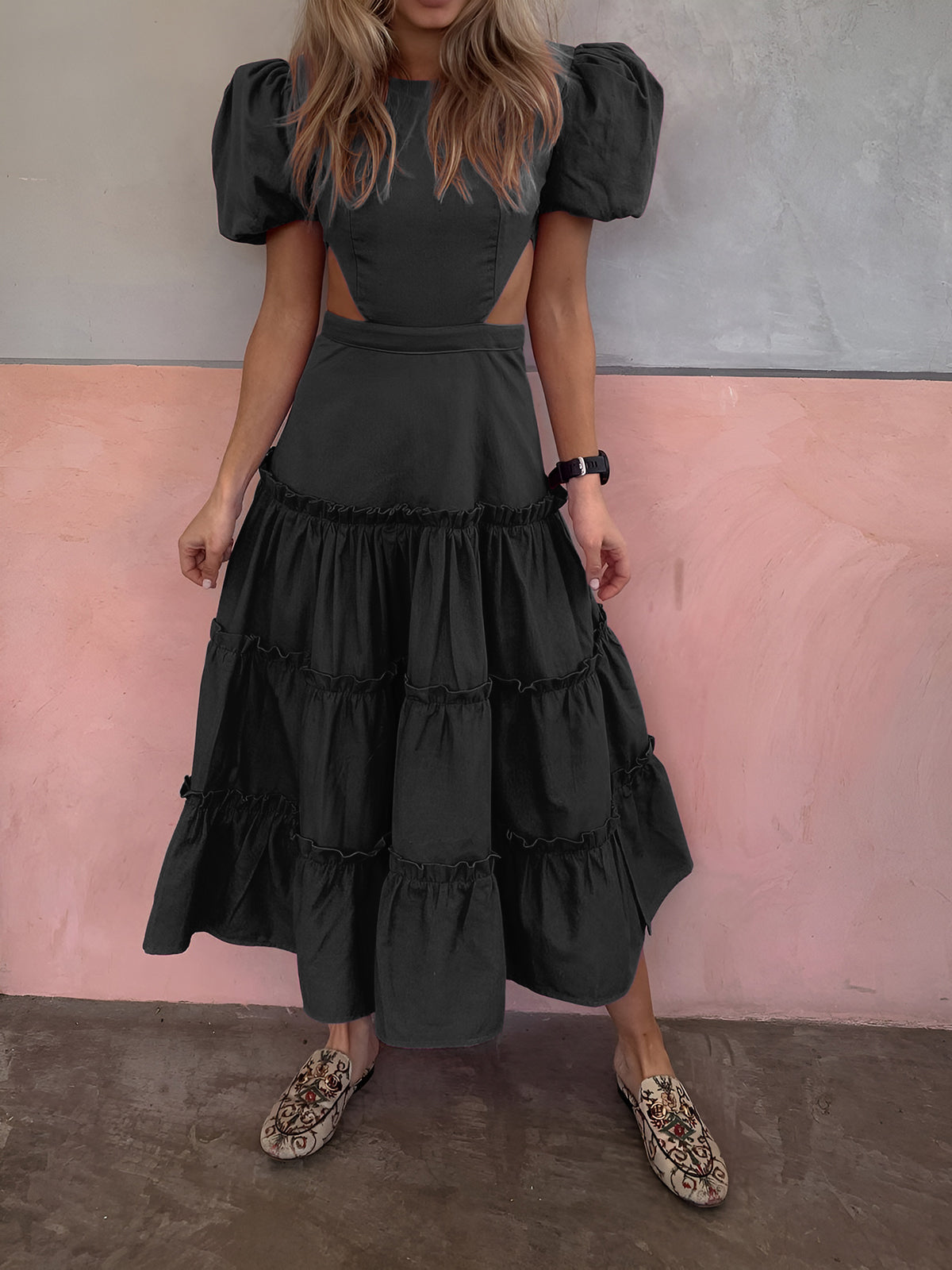 Puff Sleeve Cutout Long Dress-Massicos